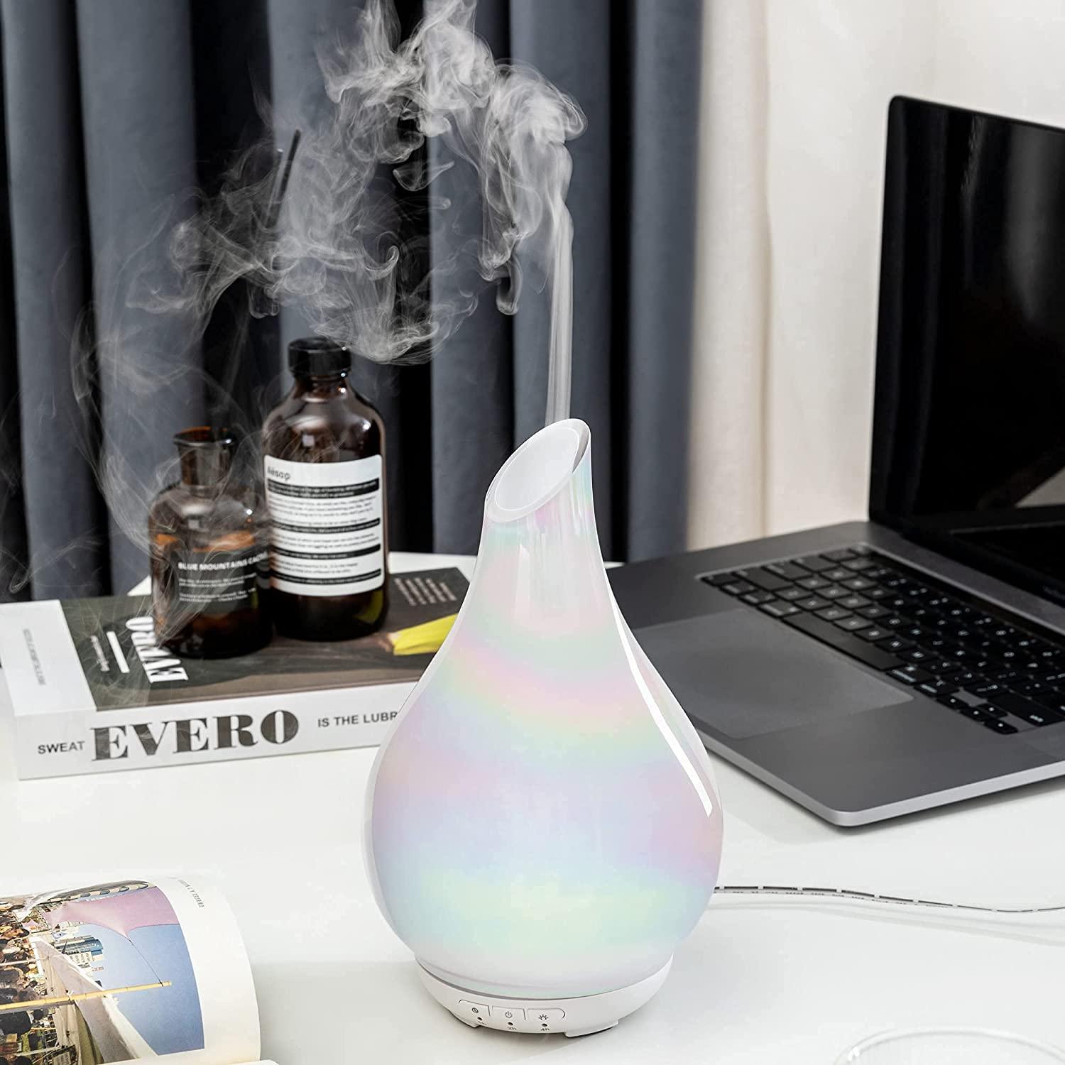 Essential Oil Diffuser, Glass Aroma Diffuser, Cool Mist Humidifier Aromatherapy  Diffusers with Color Night Light Quiet Diffuse Aroma for Home Office (Pearl  White)