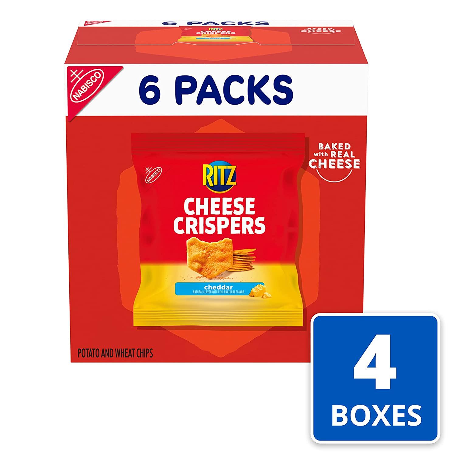 RITZ Cheese Crispers Cheddar Chips, School Lunch Box Snacks, 24 0.75 oz Snack Packs