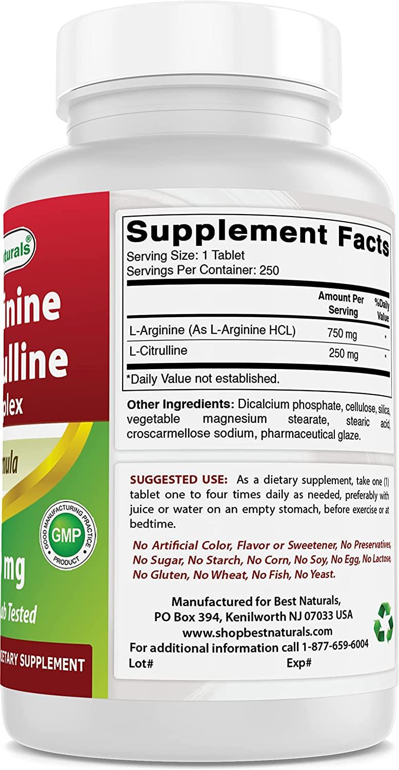 Best Naturals LArginine LCitrulline Complex 1000 mg 250 Tablets (250