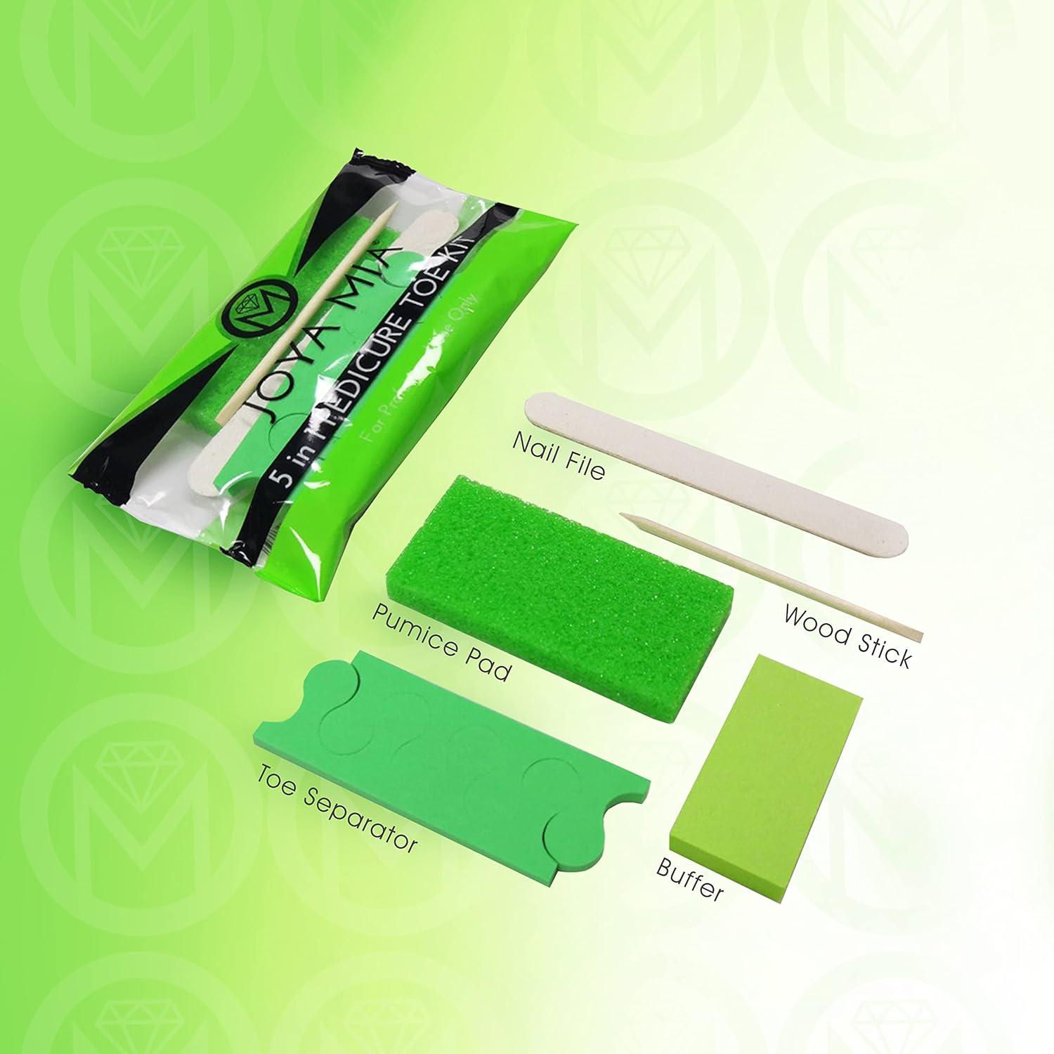 Disposable Pedicure Kit 5in1 by Joya Mia Including: Pumice Pad Nail File  100/180 Green Mini Buffer 100/180 Wood Stick Green Toe Separator  Individually Packed 200 Count in Box (5in1 200.00) 5in1 200.0