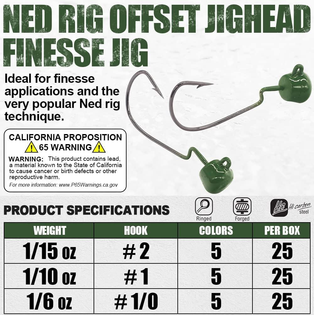 Ned-Rig-Finesse-Offset-Jig-Heads-Kit Weedless Mushroom EWG Wide Gap Ned  Hooks for Bass Fishing 1/15 oz-1.8g-25pack