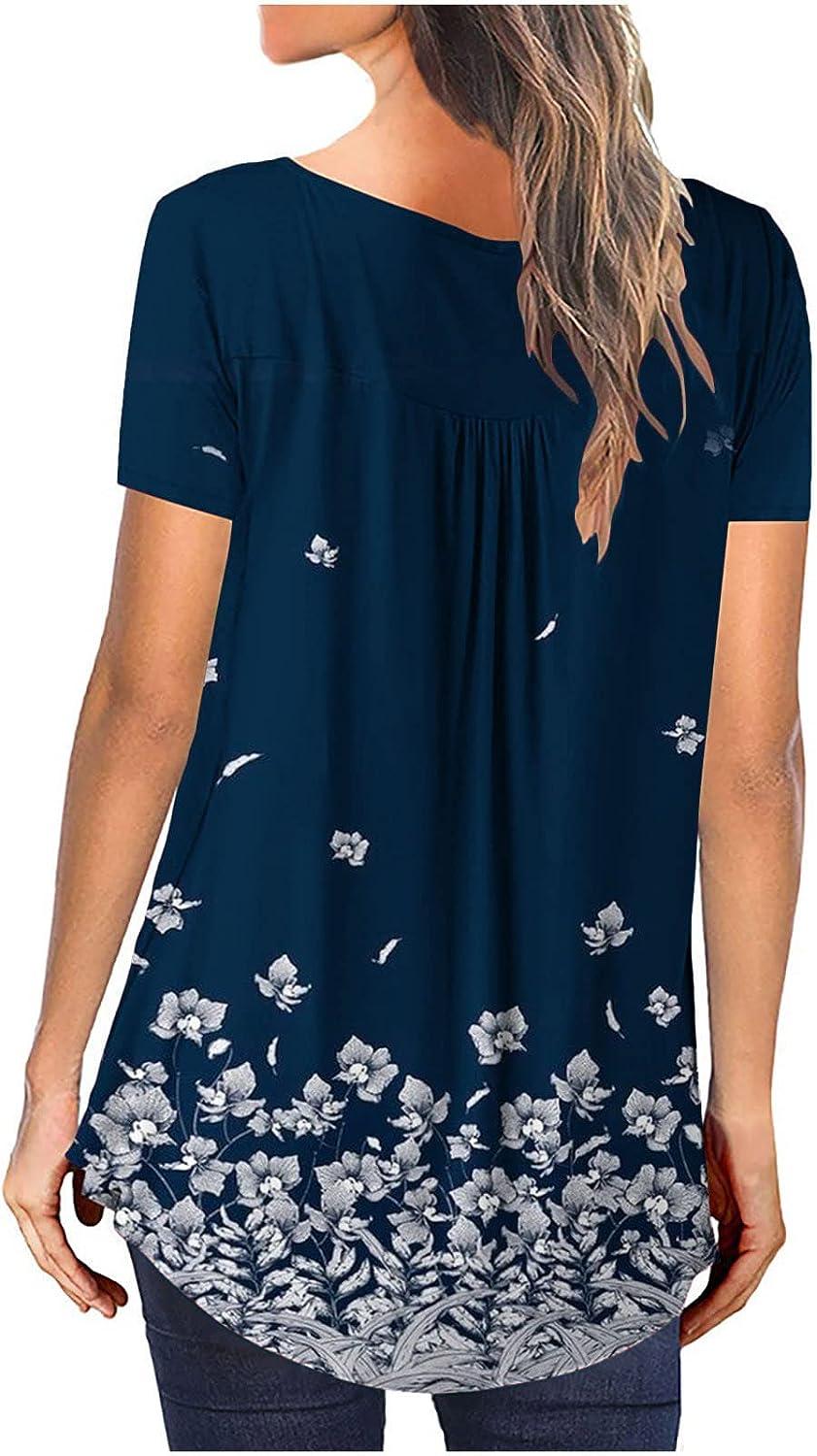 KICILVS Womens Tunic Tops to Wear with Leggings Floral Printed Short Sleeve  Henley V Neck Tshirt Casual Dressy Blouses Womens Plus Size Tops-navy XX- Large