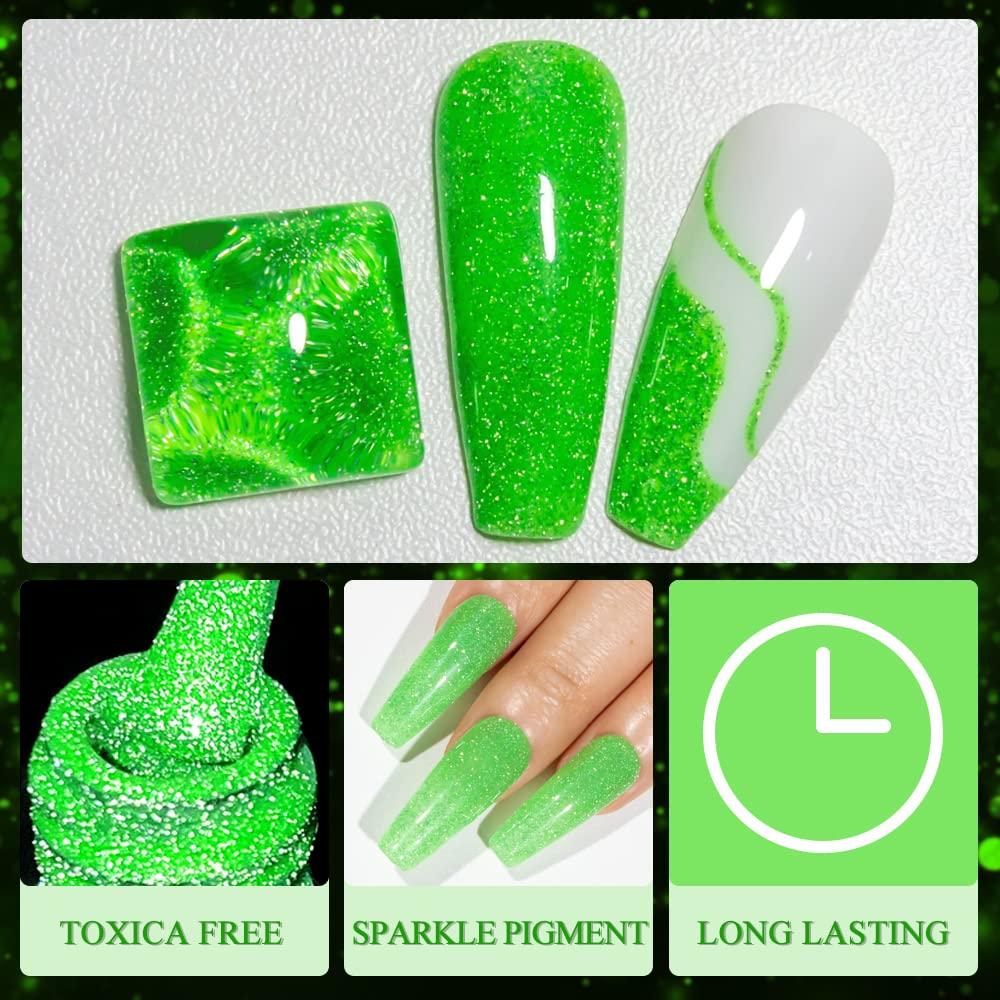 Supwee Neon Green Reflective Glitter Gel Nail Polish Sparkle