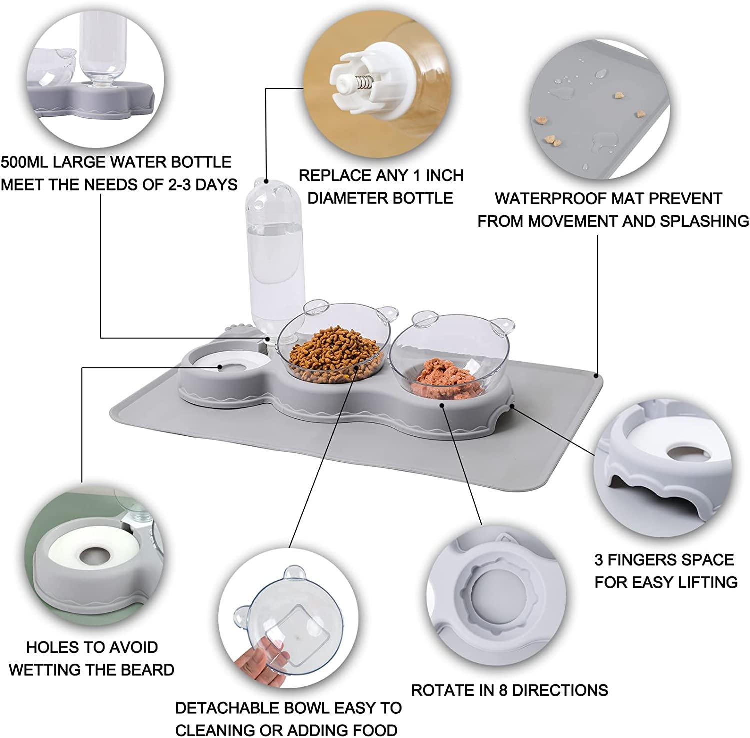 LKSTK Triple Cat Bowl with Waterproof Mat and Scoop, 15Tilted Raised