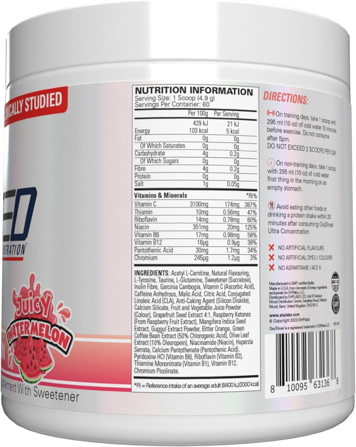 EHPlabs OxyShred Thermogenic Pre Workout Powder & Shredding Supplement -  Clinically Proven Pre Workout Powder with L Glutamine & Acetyl L Carnitine  Energy Boost Drink - Juicy Watermelon 60 Servings