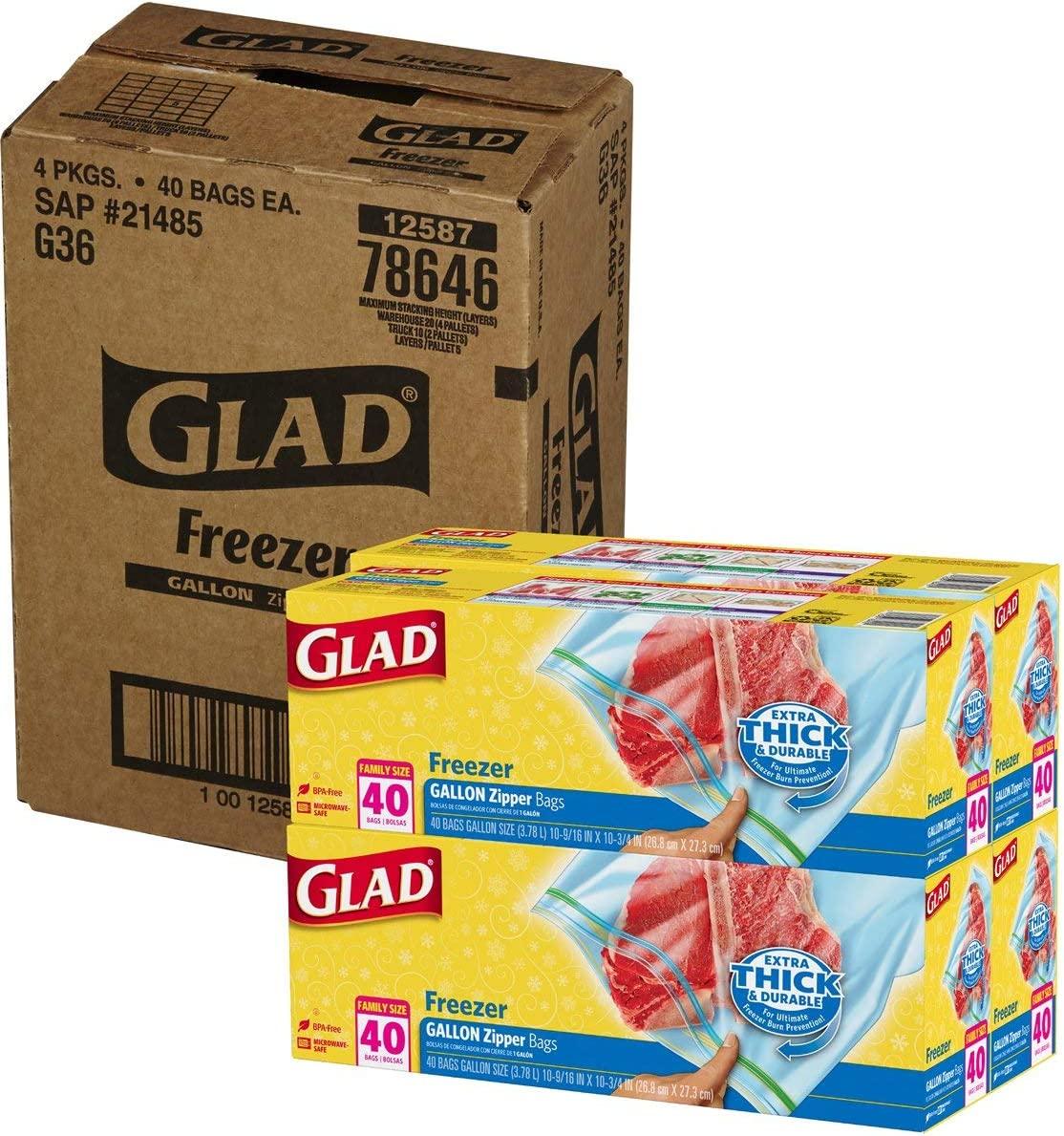 Glad Trash & Food Storage Zipper Food Storage Freezer Bags - Gallon Size -  40 Count Each (Pack of 4) (Package May Vary) (5124985) Gallon Freezer Bags