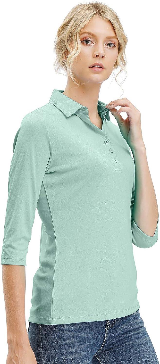 Women's 3/4 Sleeve V Neck Golf Shirts Moisture Wicking Performance Knit Tops  Fitness Workout Sports Leisure Polo Shirt Aqua Blue X-Large
