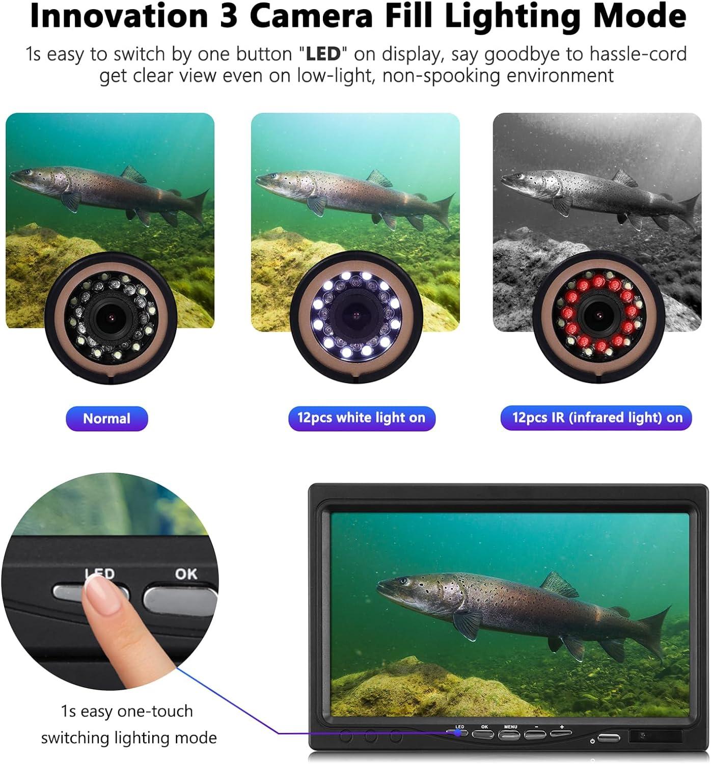 MOOCOR Underwater Fishing Camera Upgraded 720P Camera w/DVR Portablen Ice  Fishing Camera Fish Finder with 7'' IPS Monitor 12pcs IR & 12pcs LED White  Lights for Ice Lake Kayak Boat Sea Fishing