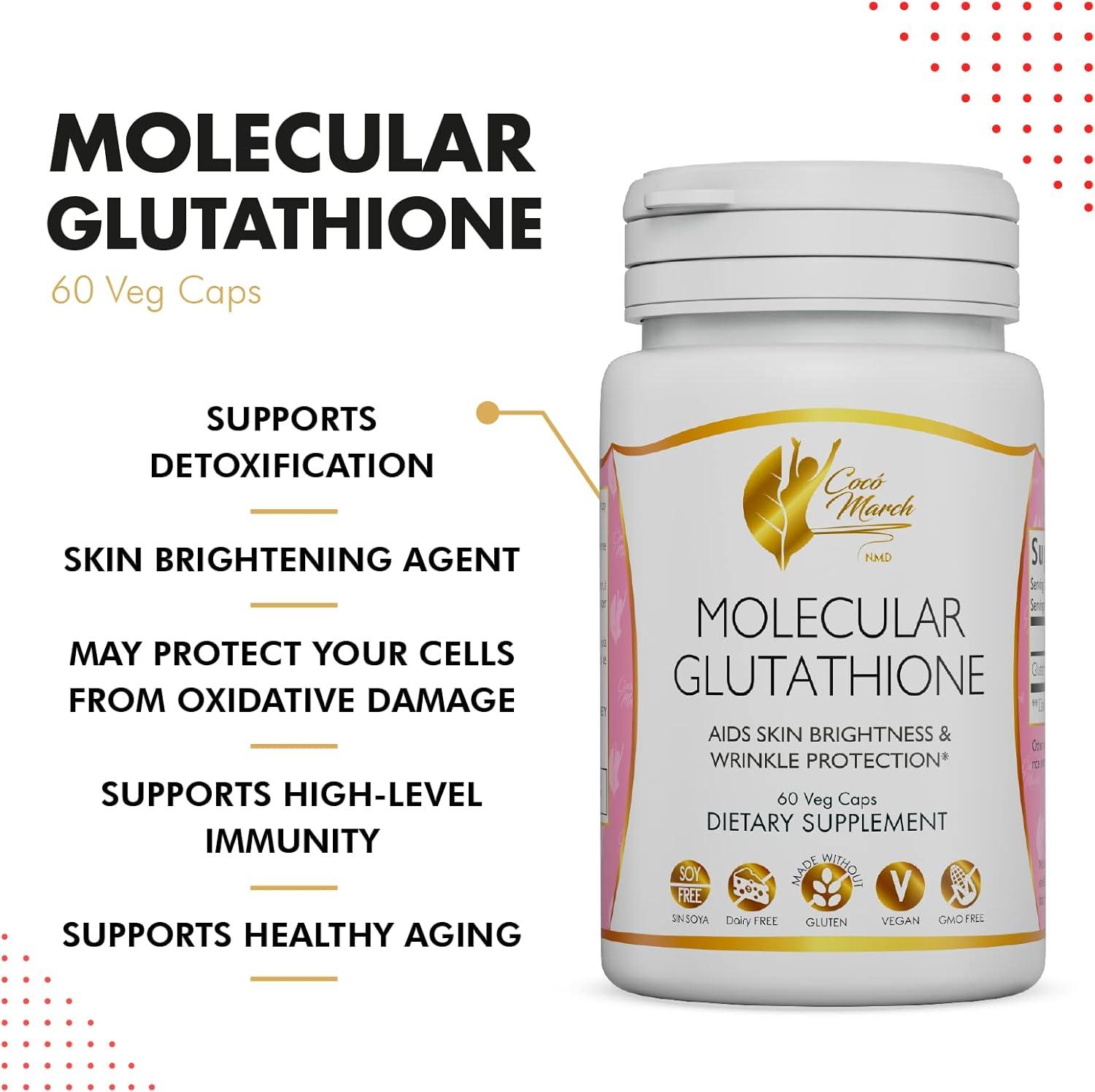 Coco March Molecular Glutathione - Potent Vegan Skin Antioxidant 500mg 60  Veg Caps - Gluten Free Soy Free Dairy Free GMO Free | Buy Now with Express  International Delivery