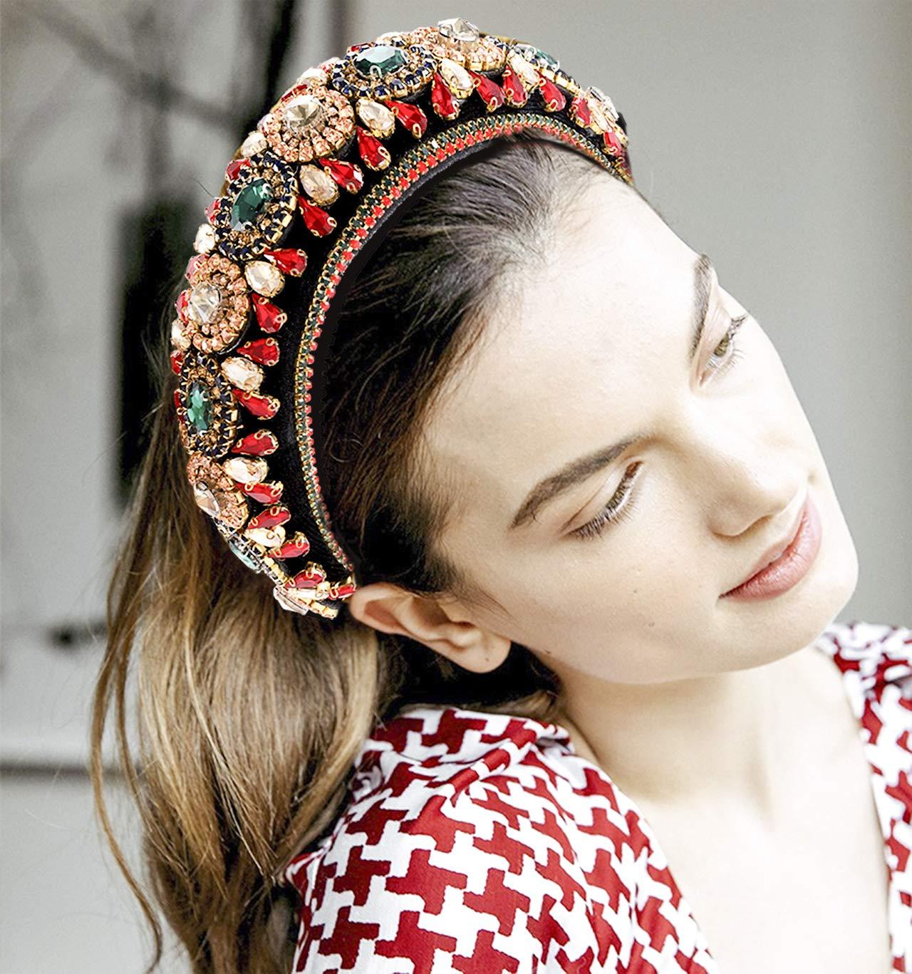 Padded Rhinestone Headband Crystal Velvet Wide Hairband for