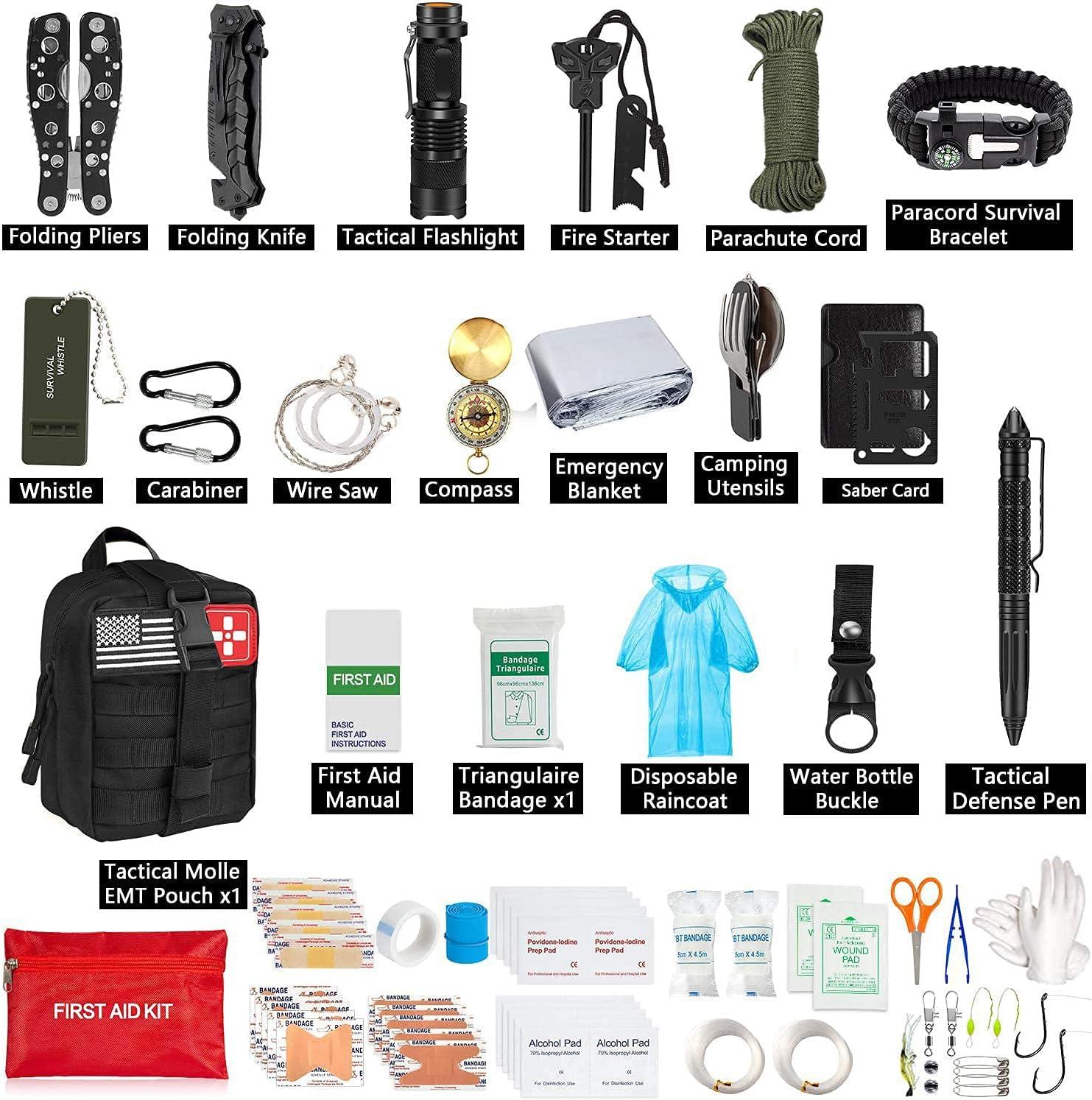 200Pcs Emergency Survival Kit and First Aid Kit Professional Survival Gear  SOS Emergency Tool with Molle Pouch for Camping Adventures Black