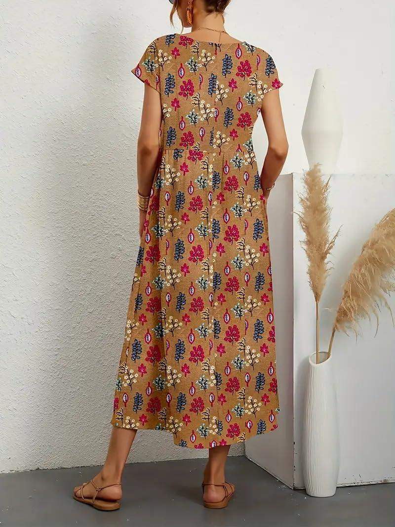 chinese dress ladies Maxi Dress for Women Summer Loose Casual V-Neck Short Sleeve Beach Vacation  Flowy Lightweight Cotton Linen Dresses Beige at Amazon Women's Clothing  store main image 1