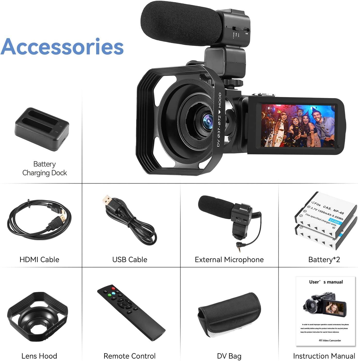 4k Video Camera Camcorder with 18X Digital Zoom,48MP Vlogging Camera for  ,3.0-inch IPS 270° Rotating Touchscreen,Microphone,Remote Control,IR