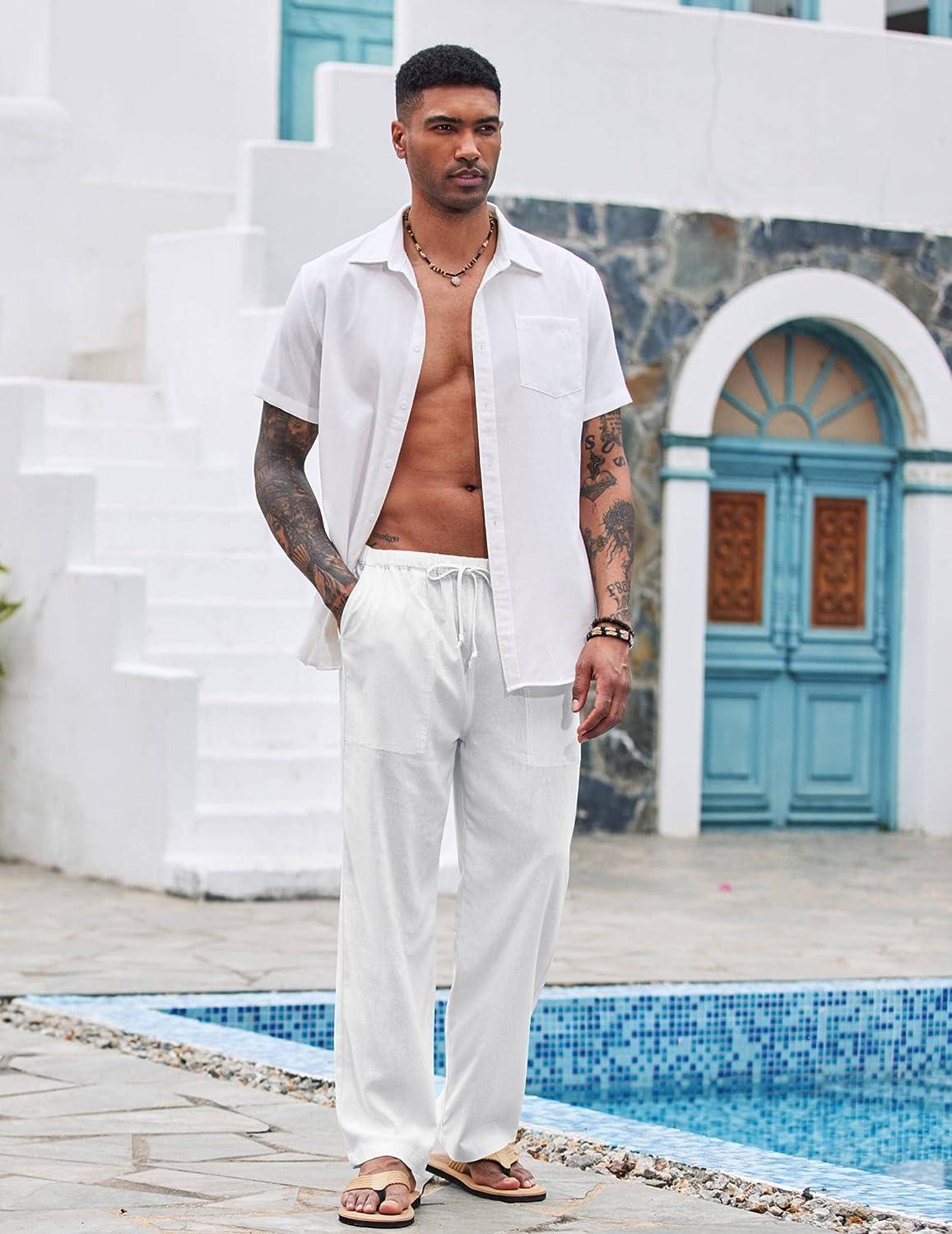 COOFANDY Mens Linen Loose Casual Lightweight Elastic Waist Yoga Beach Pants  Small A- White