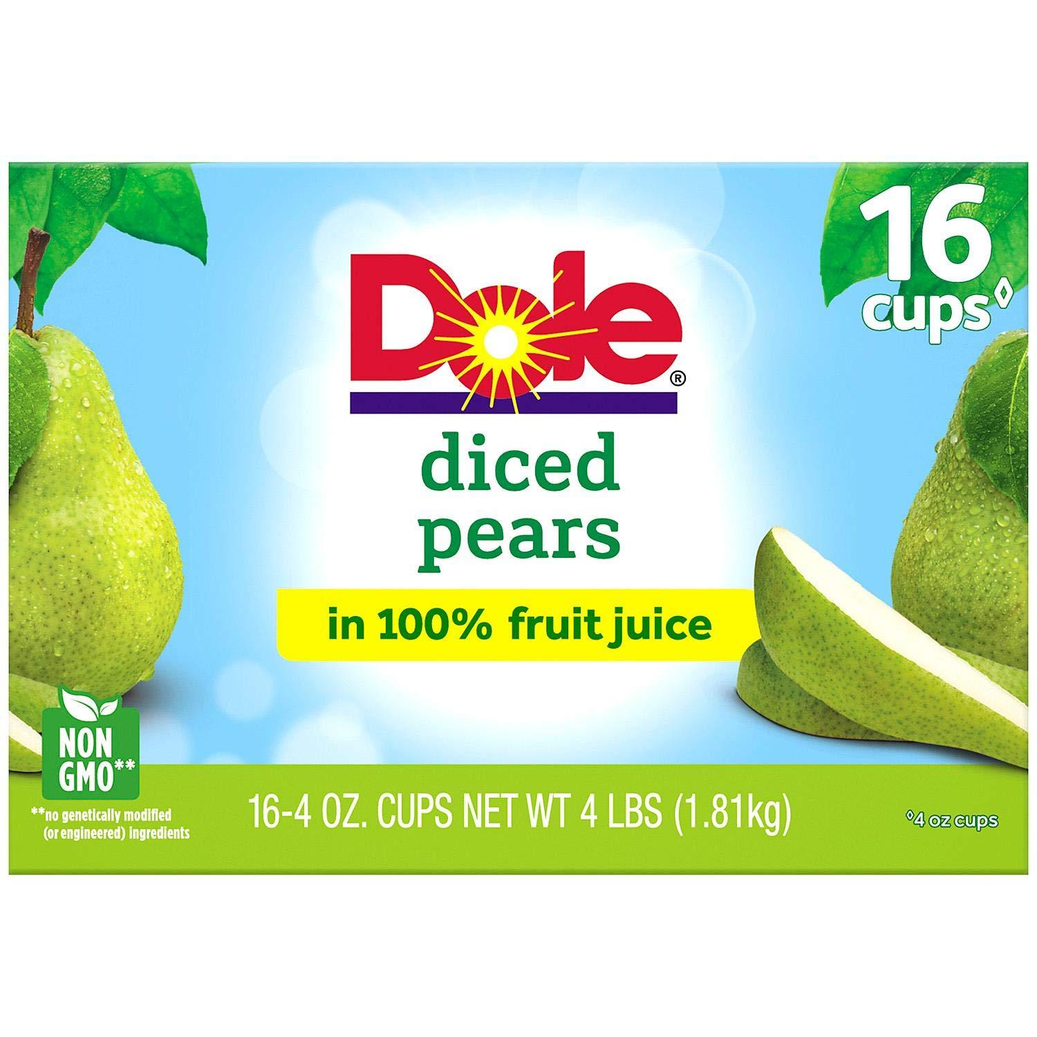 Dole Diced Pears in 100 Fruit Juice 16 Cups (4 Oz each), Total 64 Oz