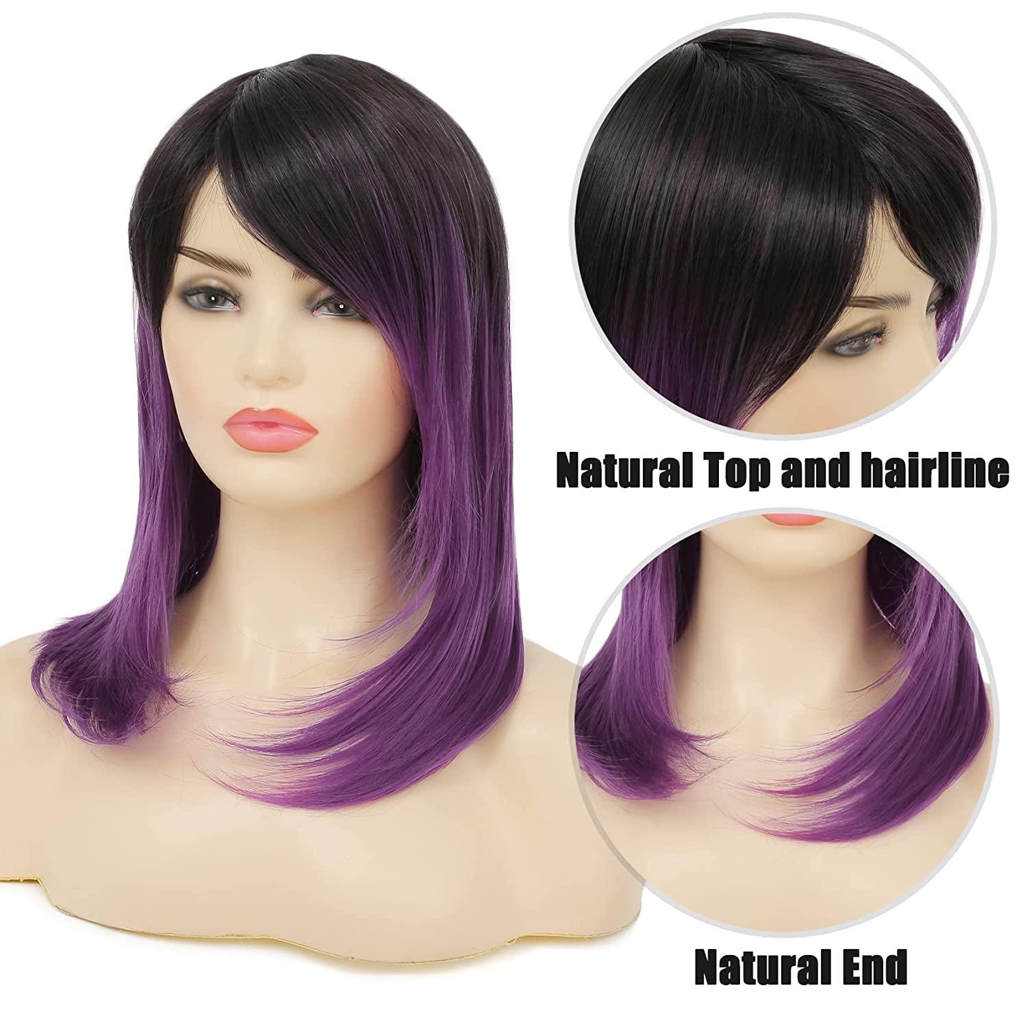Sallcks Ombre Black Purple Wig Medium Long Straight Synthetic
