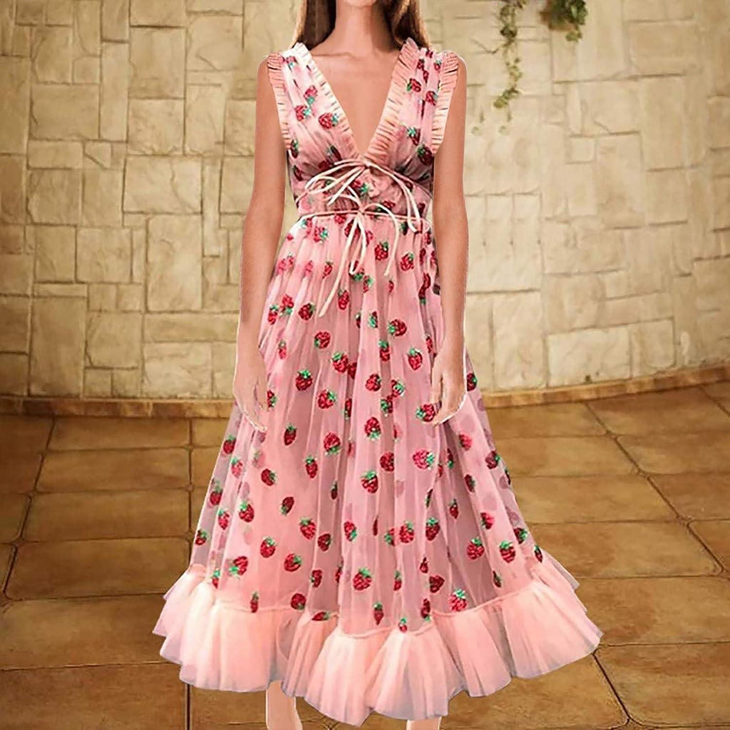 uikmnh Teen Girls Going Out Dresses Glitter Strawberry Tea Sleeveless Long V-Neck Casual Cap Sleeve Ruffle Summer Dress Strawberry Pink Small uikmnh Teen Girls Going Out Dresses Glitter Strawberry Tea Sleeveless Long V-Neck Casual Cap Sleeve Ruffle Summer Dress Strawberry Pink Small