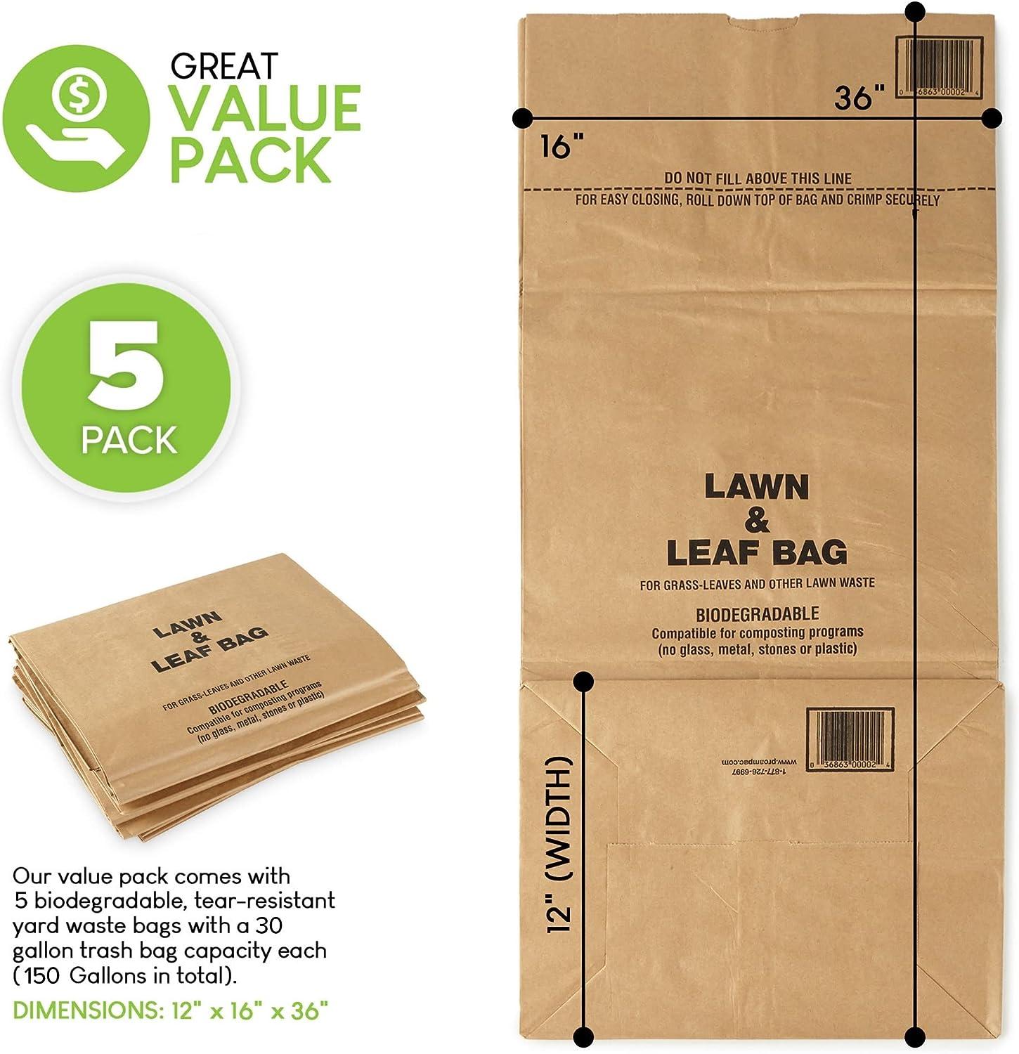 30 Gallon Kraft Lawn and Leaf Bags (5 Pack) Eco-Friendly Heavy Duty Large Paper  Trash Bags, Tear Resistant Yard Waste Bags for Grass Clippings, Wet and Dry  Leaves, Weeds, and Twigs 