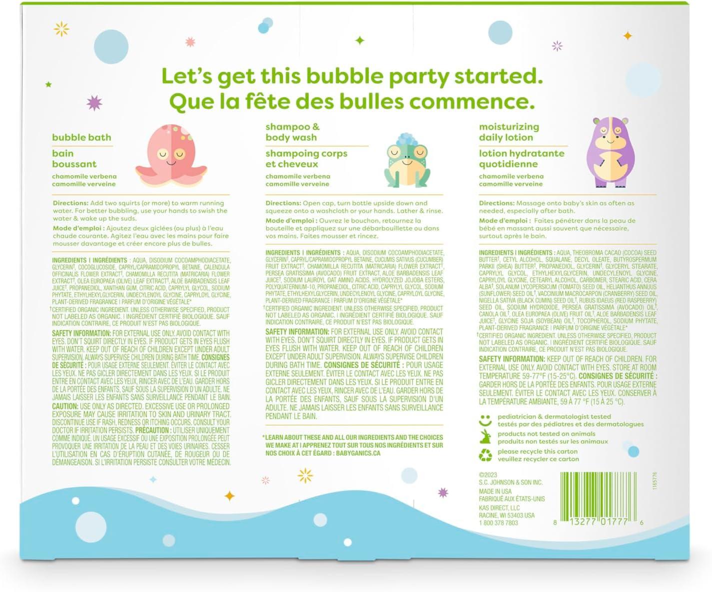 Babyganics 3-in-1 Skin Care Set Newborn and Baby Essentials Kit with (1)  Bubble Bath Soap 266 ml (1) Baby Shampoo Body Wash 207 ml and (1)