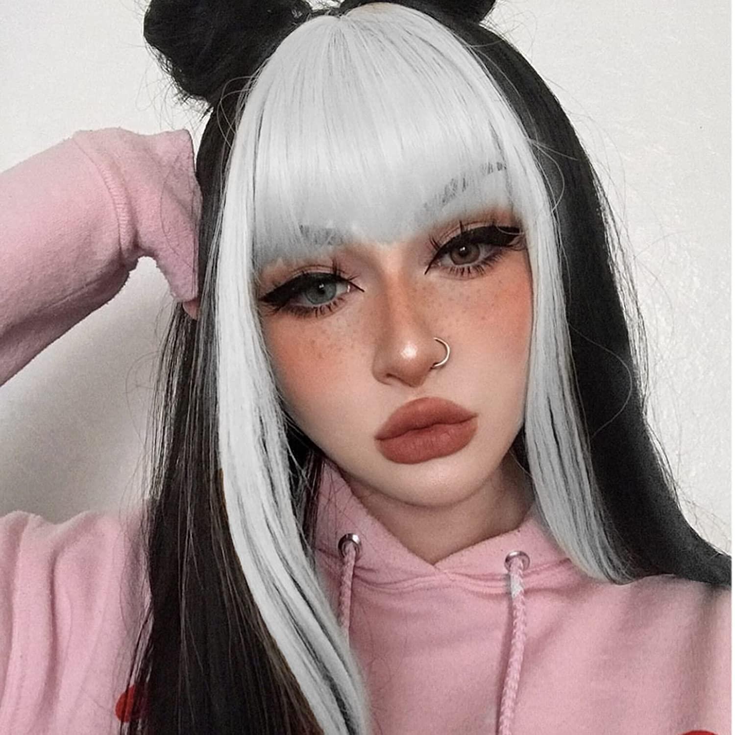Fugady Black And White Wig With Bangs Straight Wig With Bangs Cruella Wig  Egirl Wig Wigs For Women Heat Resistant Wig Split Color Wig Cosplay Wig  Party Wig (Synthetic 24 Inches) Storm -