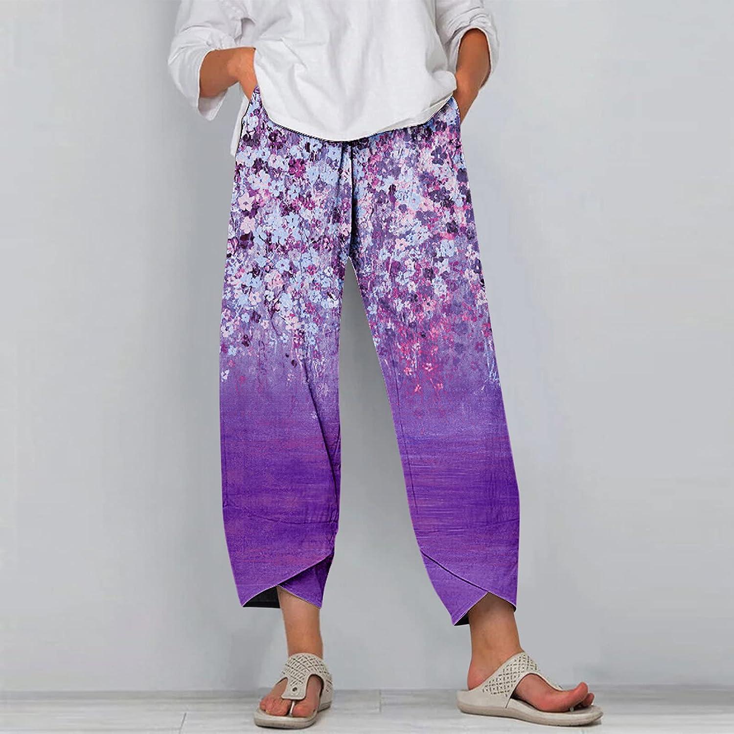 Boho Cropped Pants for Women,Women's Casual Summer Capri Pants Cotton Linen  Print Wide Leg Ankle Pants with Pockets P01-purple X-Large