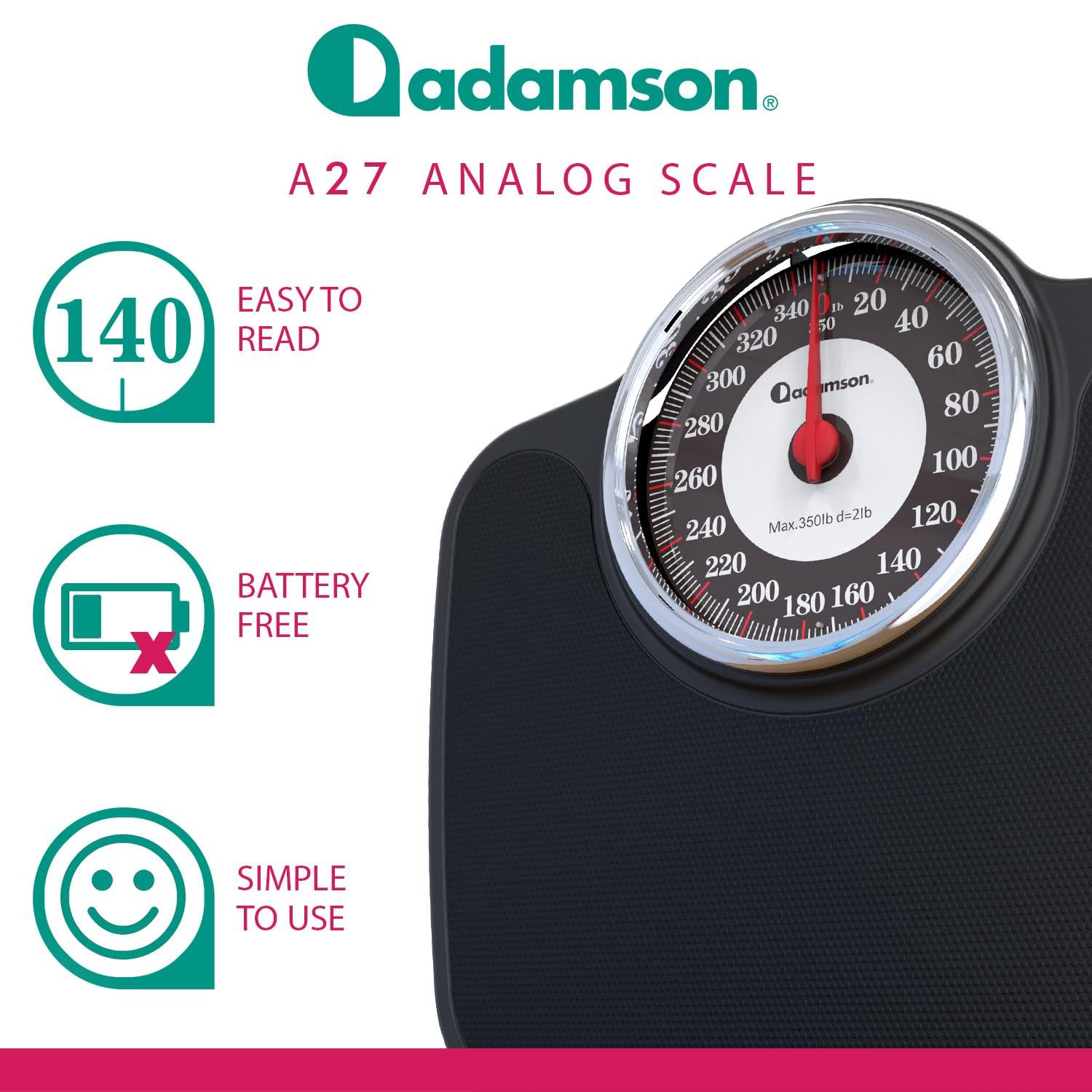 Adamson A27 Scales for Body Weight - Up to 350 lb, Anti-Skid Rubber  Surface, Extra Large Numbers - High Precision Bathroom Scale Analog -  Durable with 20-Year Warranty - New 2022