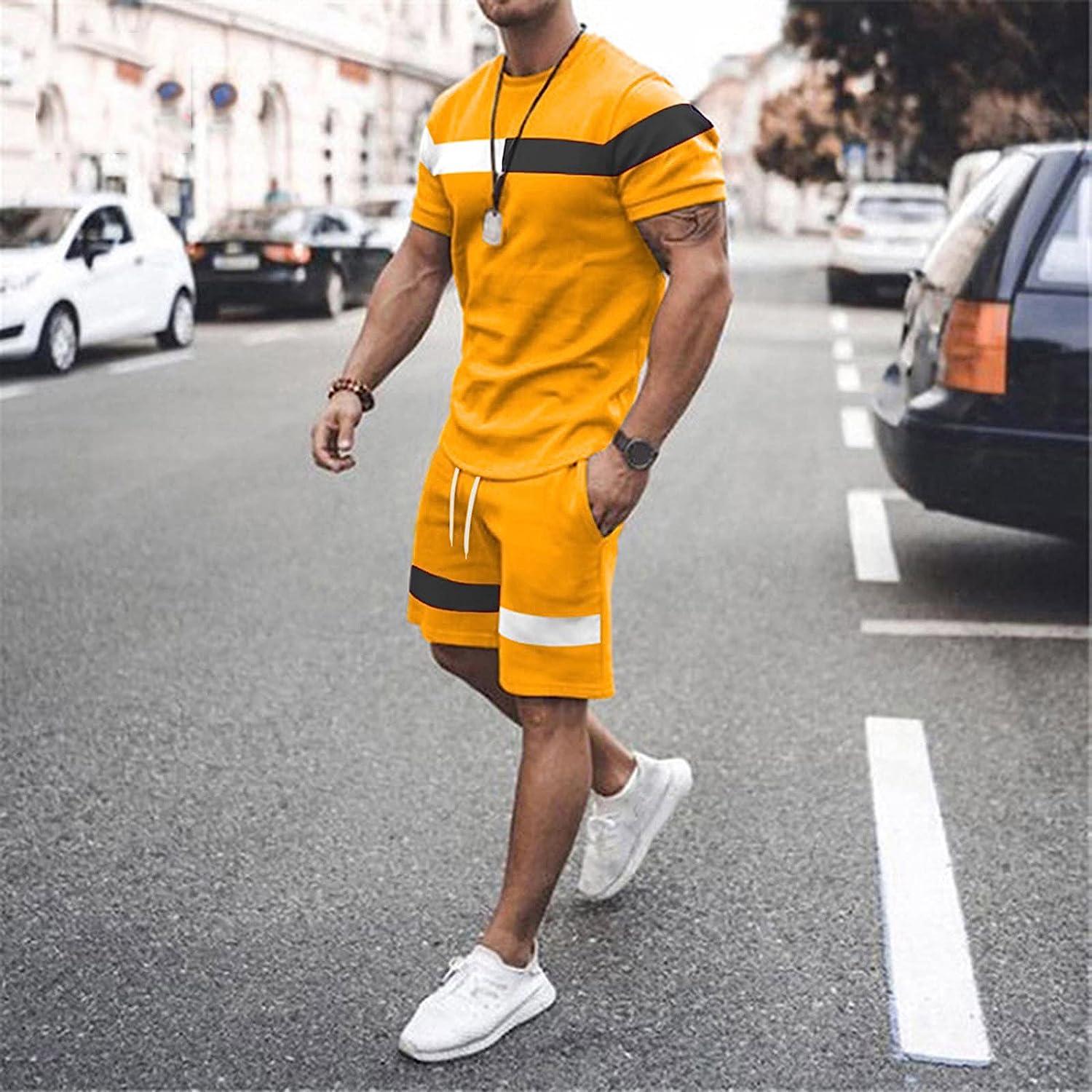 Men Active Sport Print Sweatsuit Comfy Muscle Bodybuilding Buttons Short  Sleeve Blouse Drawstring Knee Length Shorts Type-b-yellow X-Large