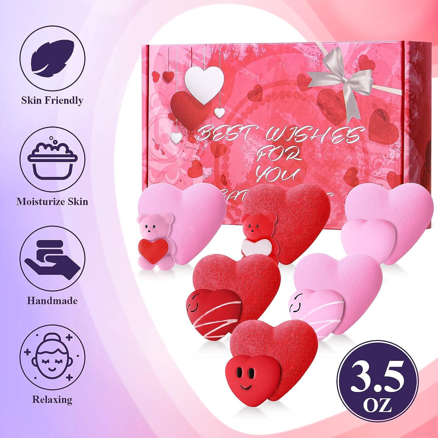 6 Pcs Valentine Bath Bomb Heart Shape Bath Bombs with Surprise Toys