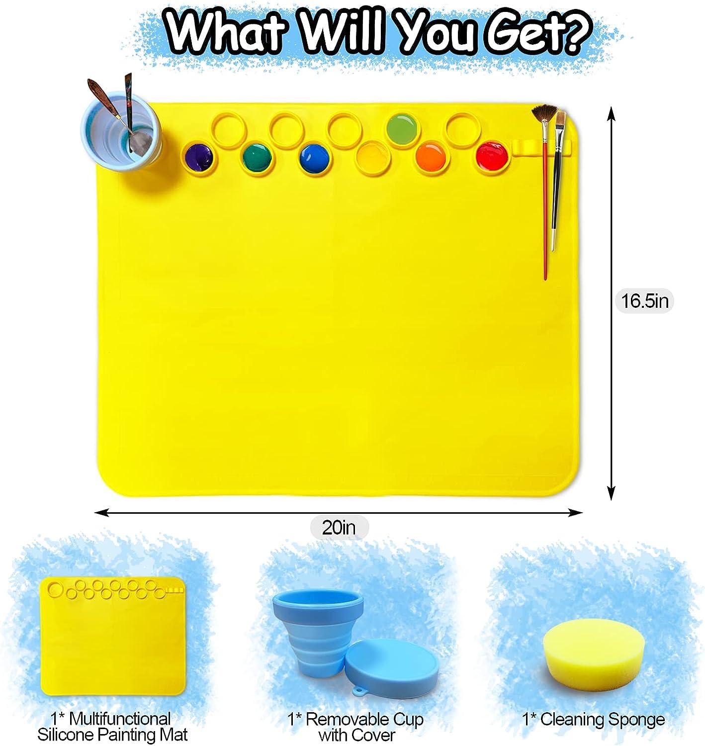 Silicone Painting Mat, BONWORL Silicone Craft Mat with Cleaning Water Cup  and 11 Paint Holder, 20''16.5'' Silicone Art Mat for Resin Casting, Painting,  DIY, Clay and Play Doh (Yellow)