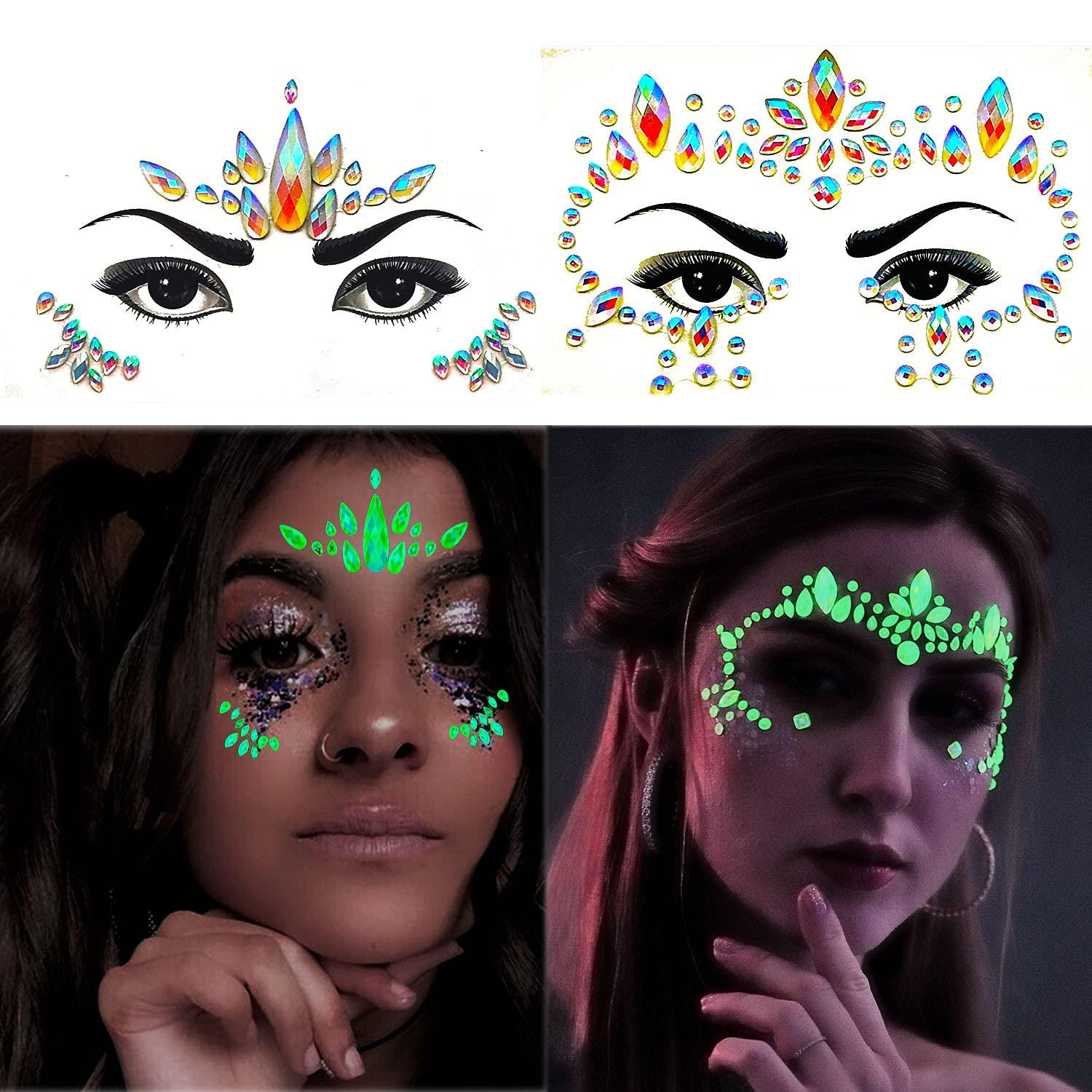 Meredmore 8Sets Glow in the Dark Face Gems Jewels Rave Noctilucent  blacklight UV Body Stickers Luminous tattoos mermaid accessories pasties  makeup for Women Halloween Festival pattern5