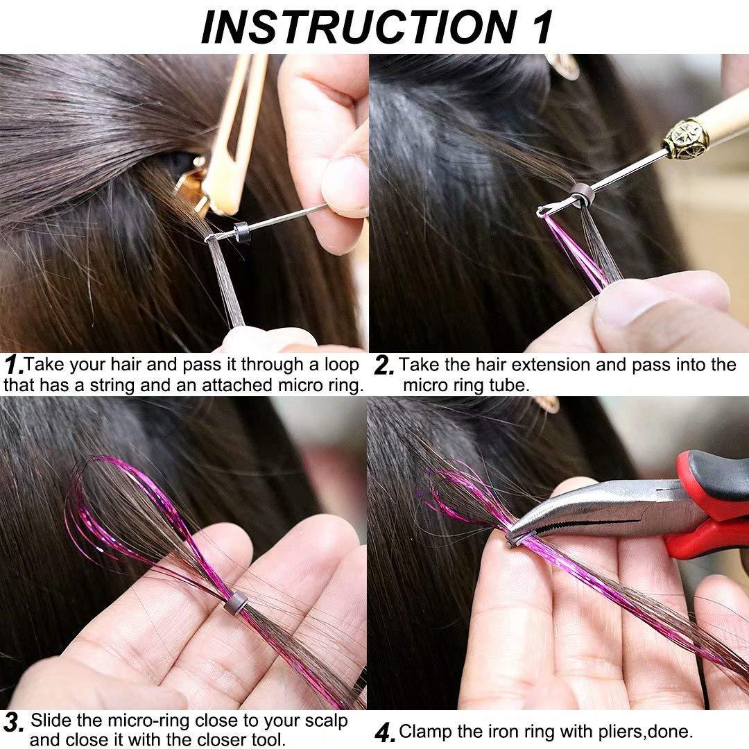 Hair Tinsel Strands Kit 12 Colors 2400 Strands Tinser Hair Extensions  Pliers Pulling Hook Bead Device Tool Kits Hairpin 200pcs Black Brown  Silicone Lined Micro Rings for Girls Women Fashion 12 Colors (120cm 2400  Strands)