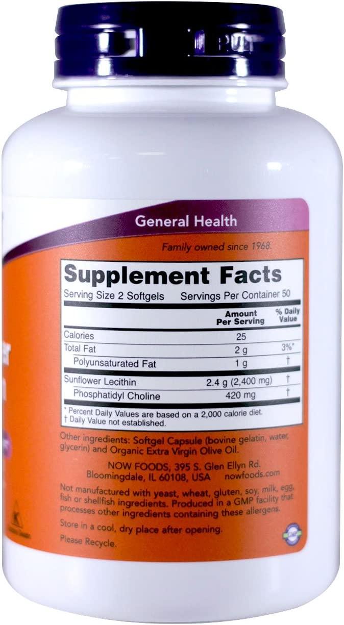 Now Foods Sunflower Lecithin Non-GMO, 1200mg, 100 Sgels (2 Pack)