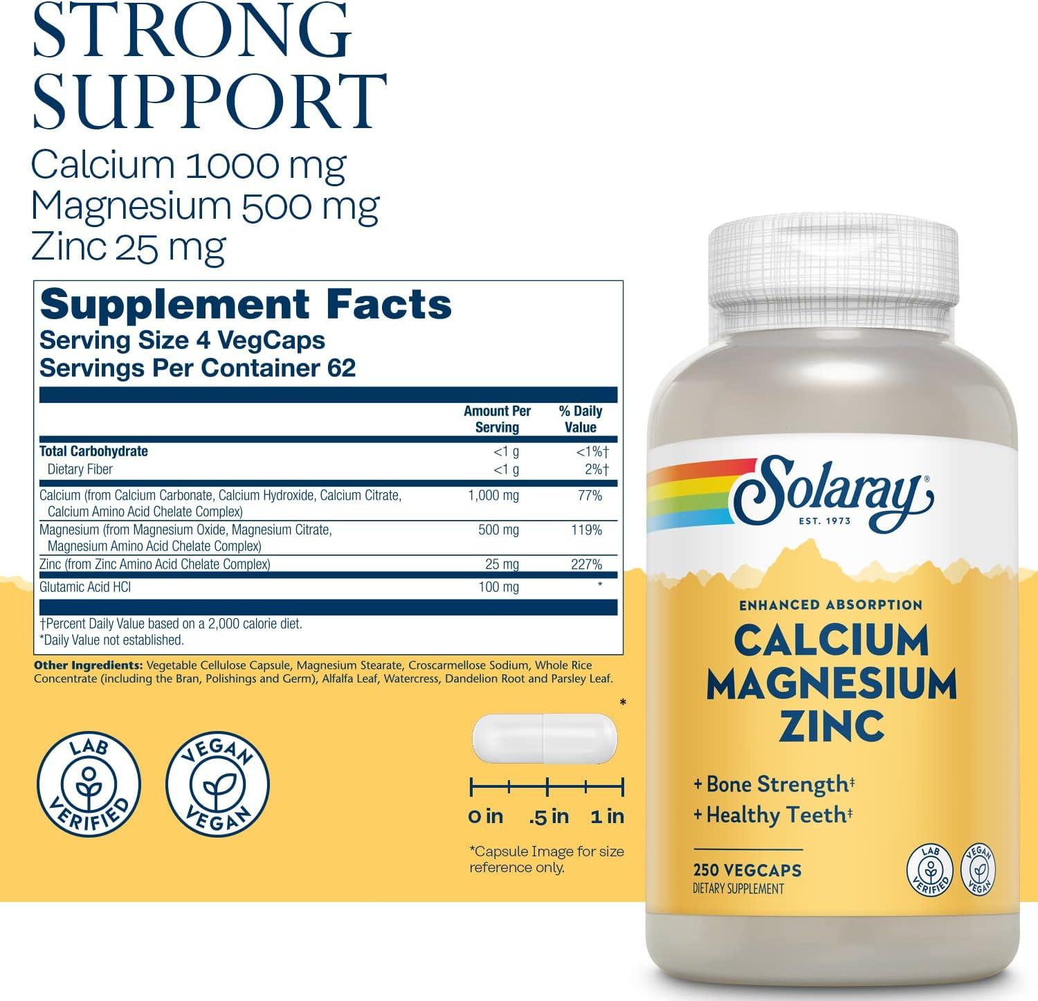 Solaray Calcium Magnesium Zinc 250 VegCaps Essential Mineral Supplement