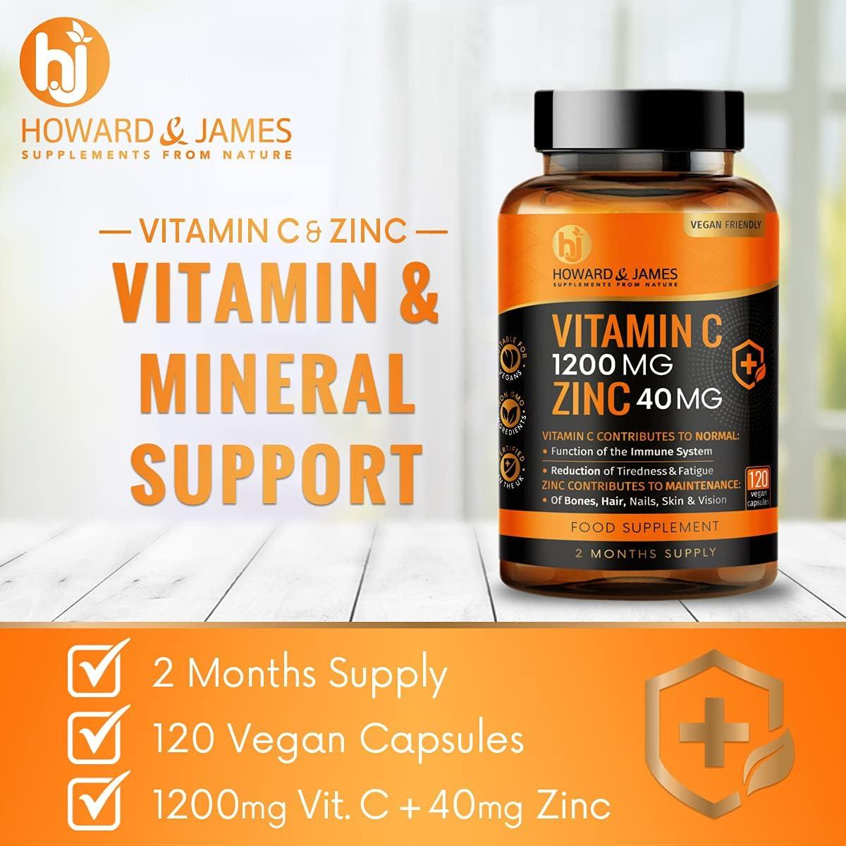 1200mg Vitamin C + 40mg Zinc 120 Vegan Capsules, 2 Month Supply