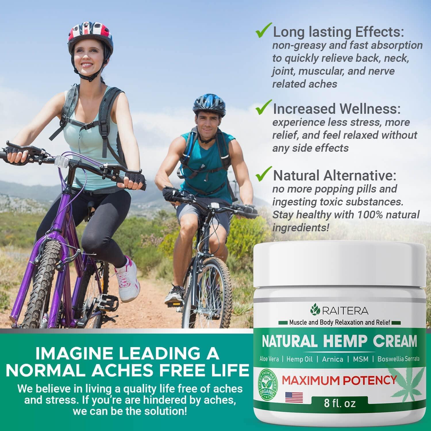 Raitera Hemp Cream 8 oz Pure Hemp Oil Extract with Emu, MSM & Arnica