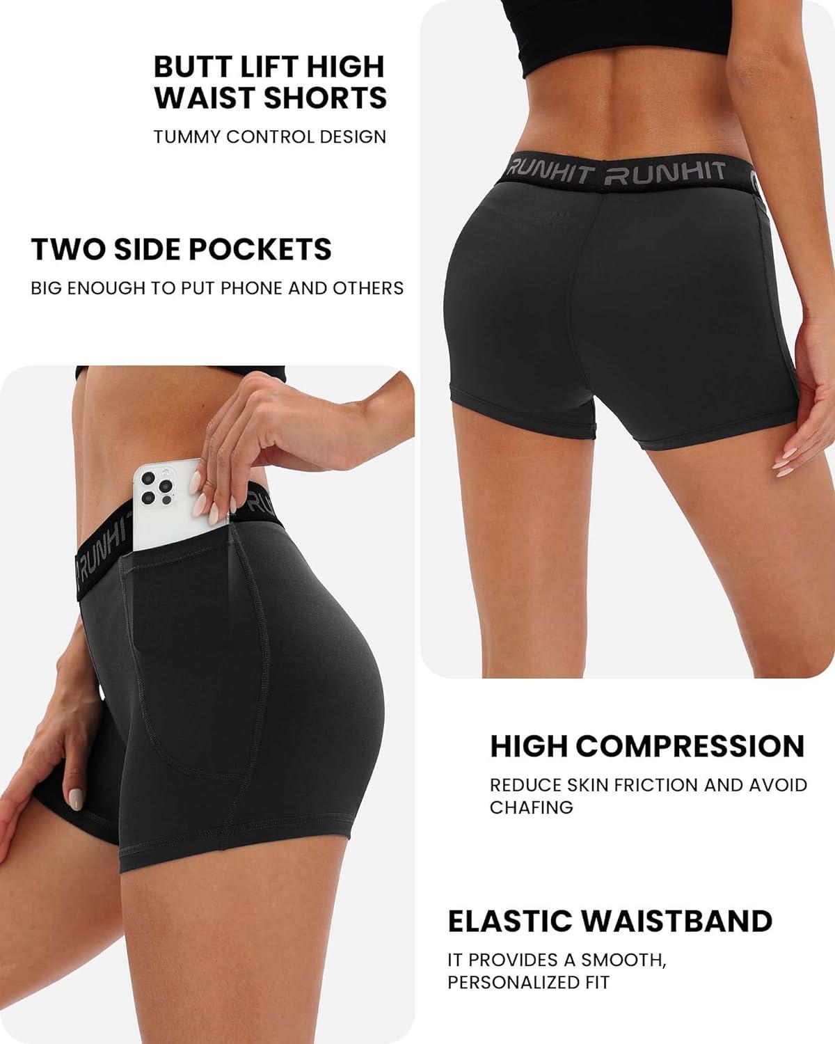 Runhit 3 Pack Compression Shorts for Women High Waisted Yoga Shorts with  Pockets Spandex Running Volleyball Shorts 3 Pack:black*red*gray Medium