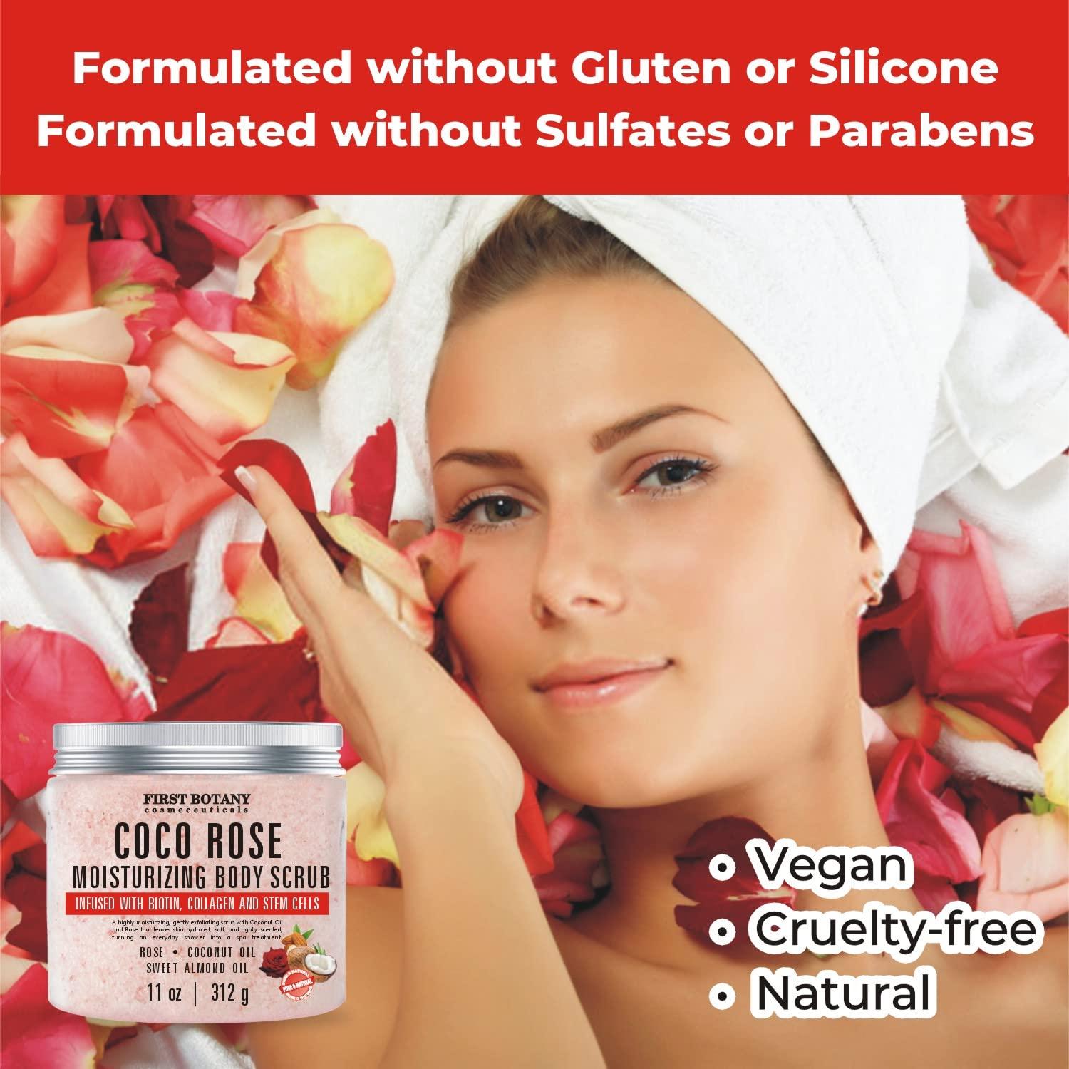 Coconut Rose Body Scrub Exfoliator with Biotin, Collagen, Stem Cells