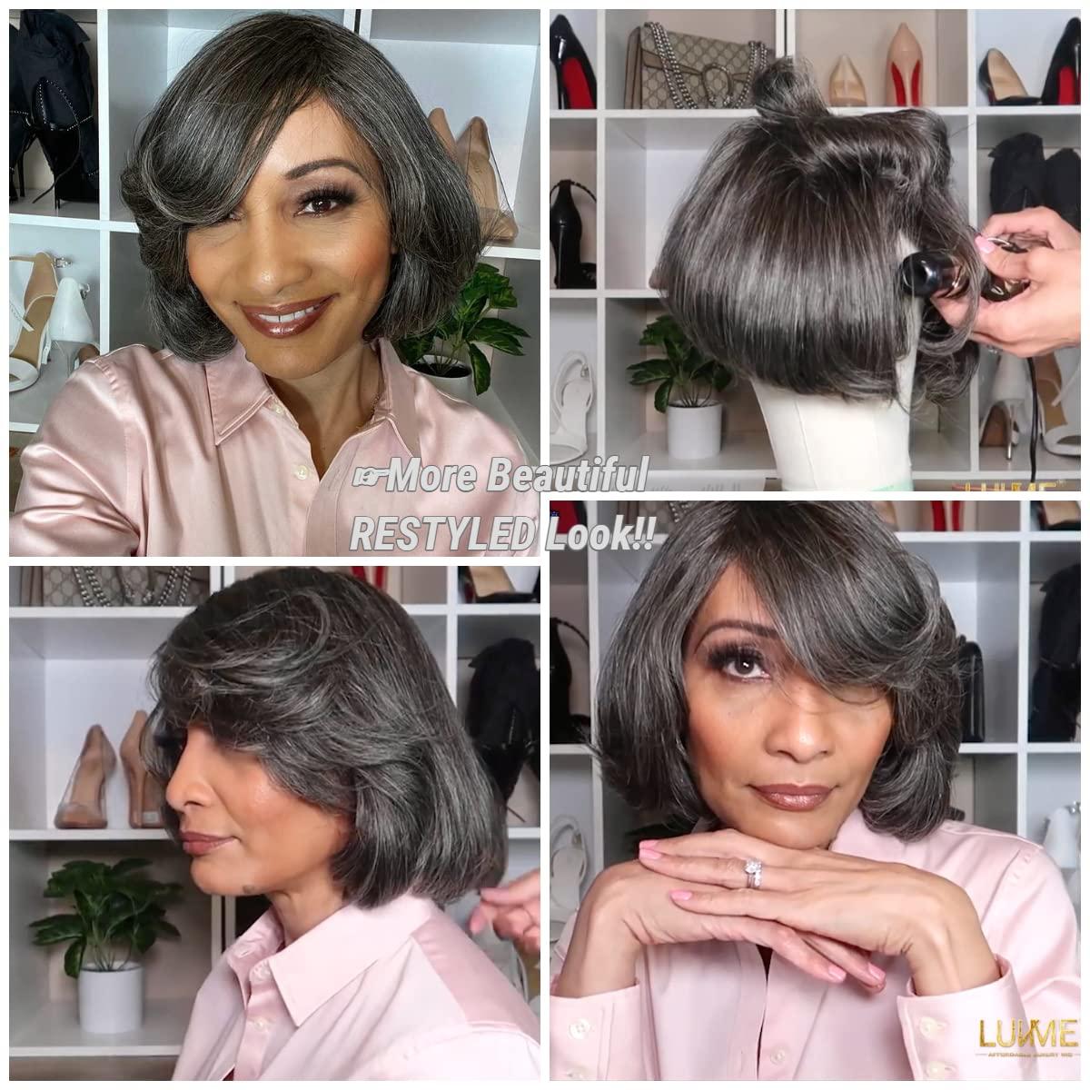 LuvMe Hair Black Grey Bob Wig with Bangs 8 Inch 150 Density Human Hair Wig