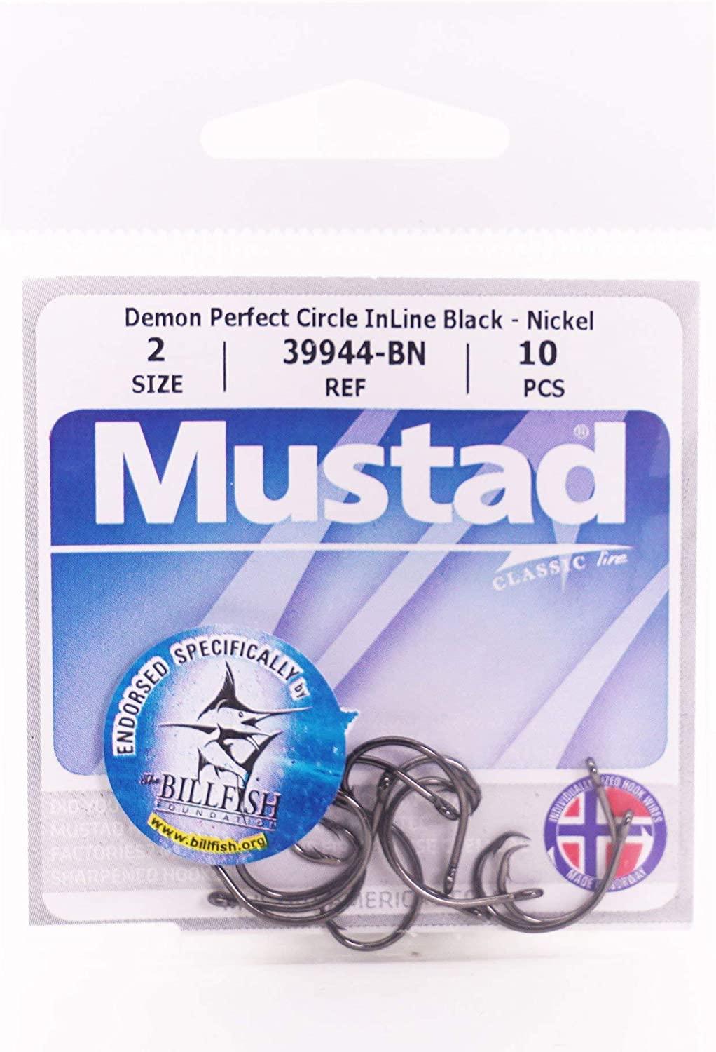 Mustad Classic 39944 Standard Wire Demon Perfect In Line Wide Gap Circle  Hook  Saltwater Freshwater hooks for Tuna, Catfish, Bass and more Size 2,  Pack of 50 Black Nickel