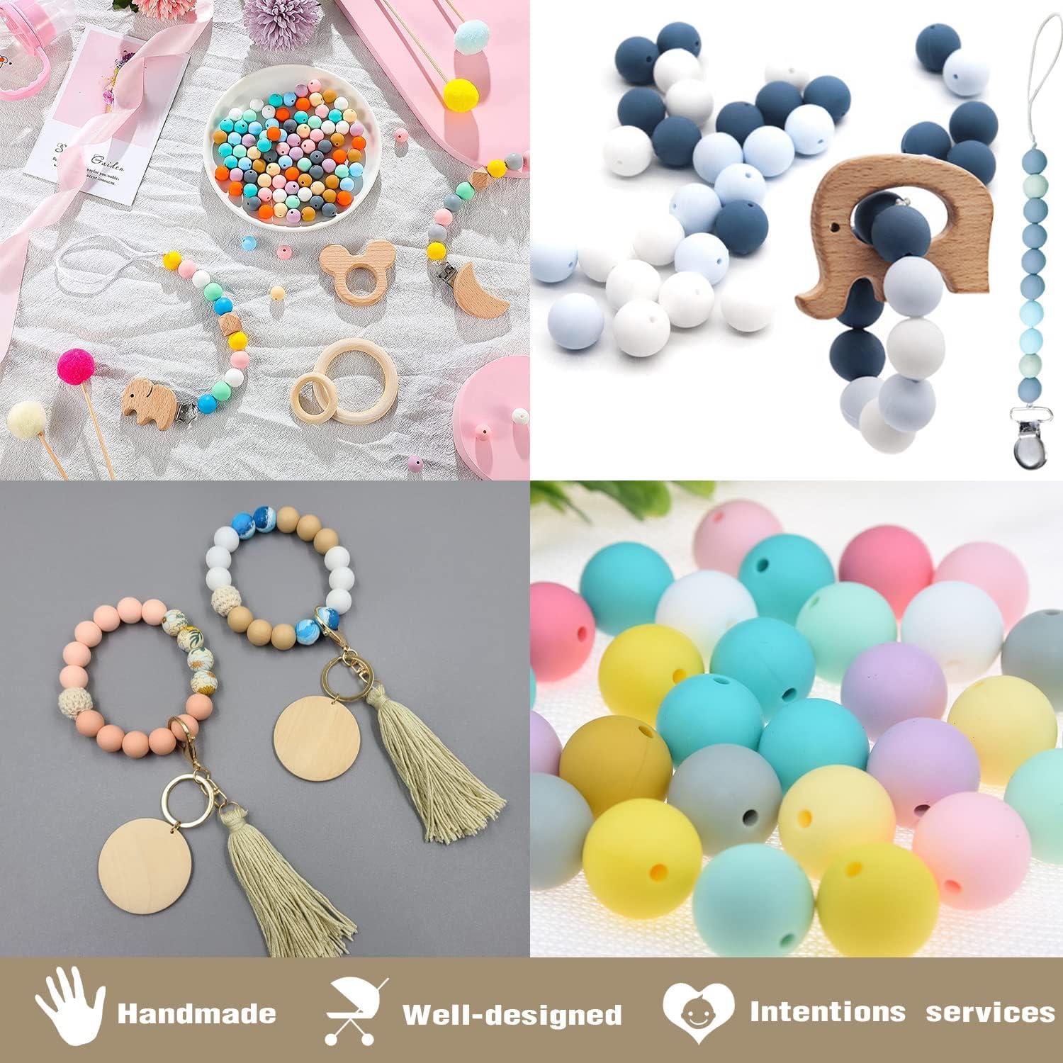 115pcs Keychain Ring & 15mm Assorted Colorful Big Bulk Focal Silicone Beads  Kit For Diy Bracelet Necklace Keychain Making Small Business Jewelry Makin