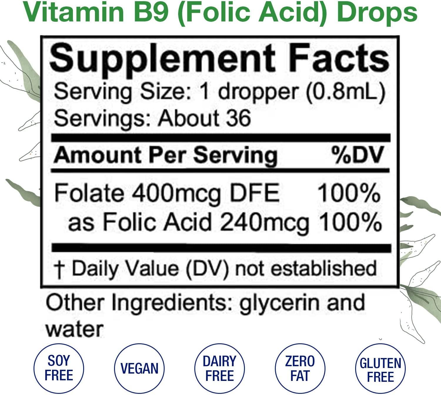Folic Acid Drops Liquid Vitamin B9 Supplement for Blood Cells, Brain