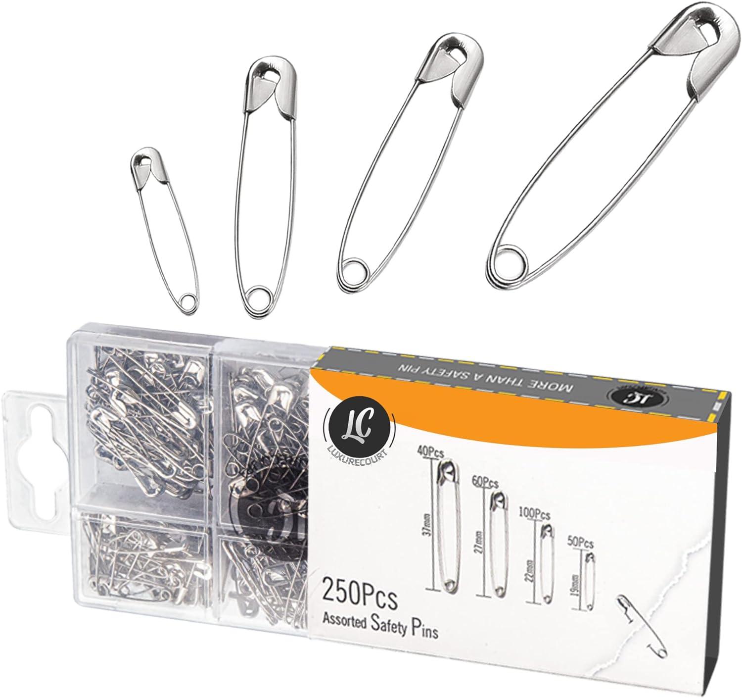 250 Pack Safety Pins by Luxurecourt, 4 Assorted Sizes of Durable, Silver  Small and Large Safety Pins Bulk, Rust-Resistant Nickel Plated Steel, Sharp