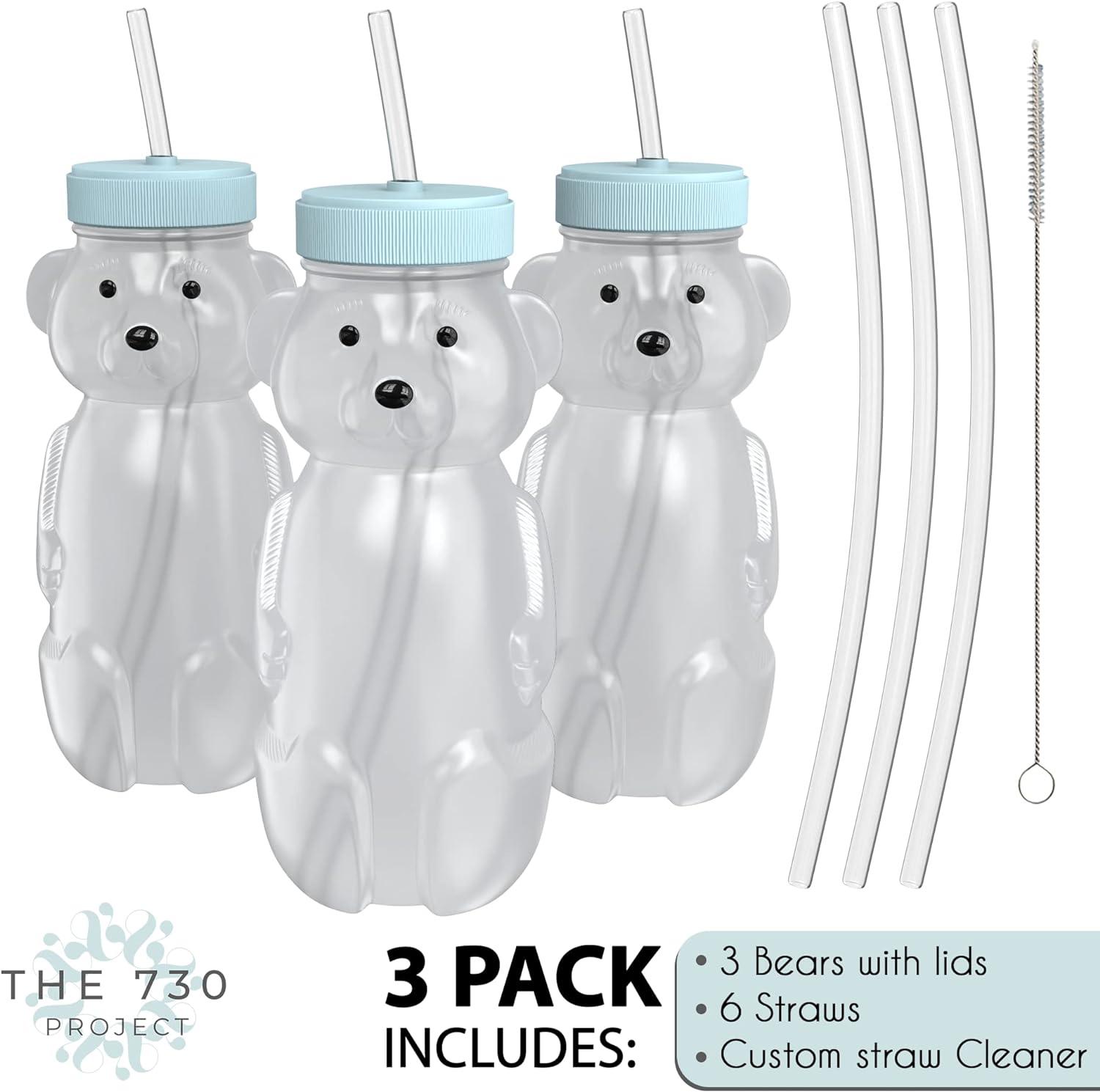3-pack Juice Bear Bottle Drinking Cup with Long Straws (8 Ounces)