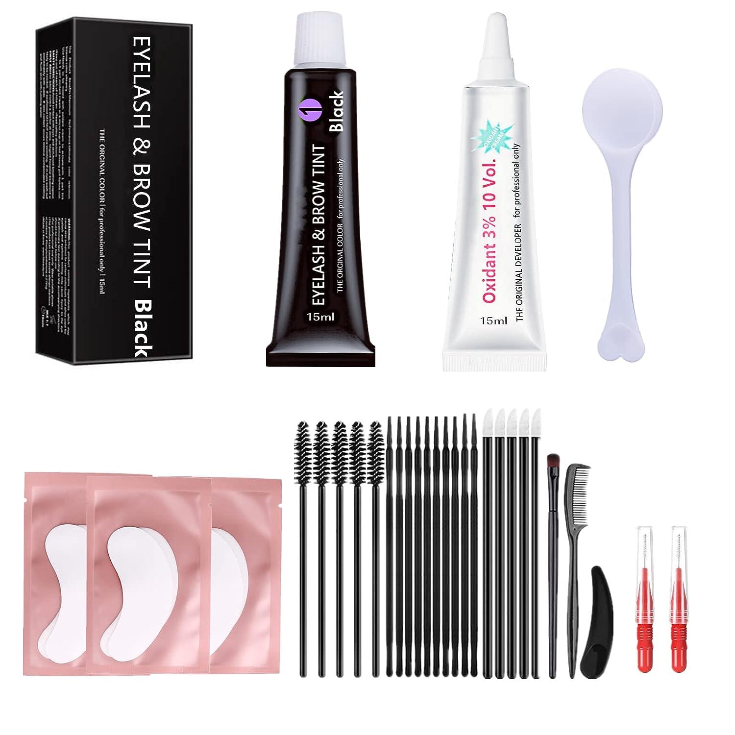 Lash T-i-n-t Kit Black 15ml Eyelash D-y-e Full Brow T.i.n.t. Set With Tools  DIY Eyelash Eyebrow T-i-n-ting Makeup At Home Be Voluminous And Energetic  For 6 Weeks(Black Stain Mascara Look)