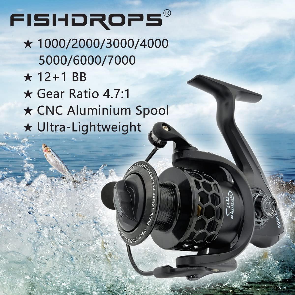 Fishdrops Spinning Fishing Reels 12+1BB Ultra Lightweight Carved Aluminum Spool  Reels Affordable Smooth Spinning Reels BE Black Size1000