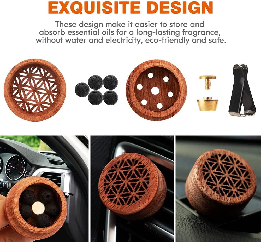 Car Essential Oil Diffuser with Vent Clip, 2 PCS Lava Stone Aromatherapy  Wood Car Diffuser C-style