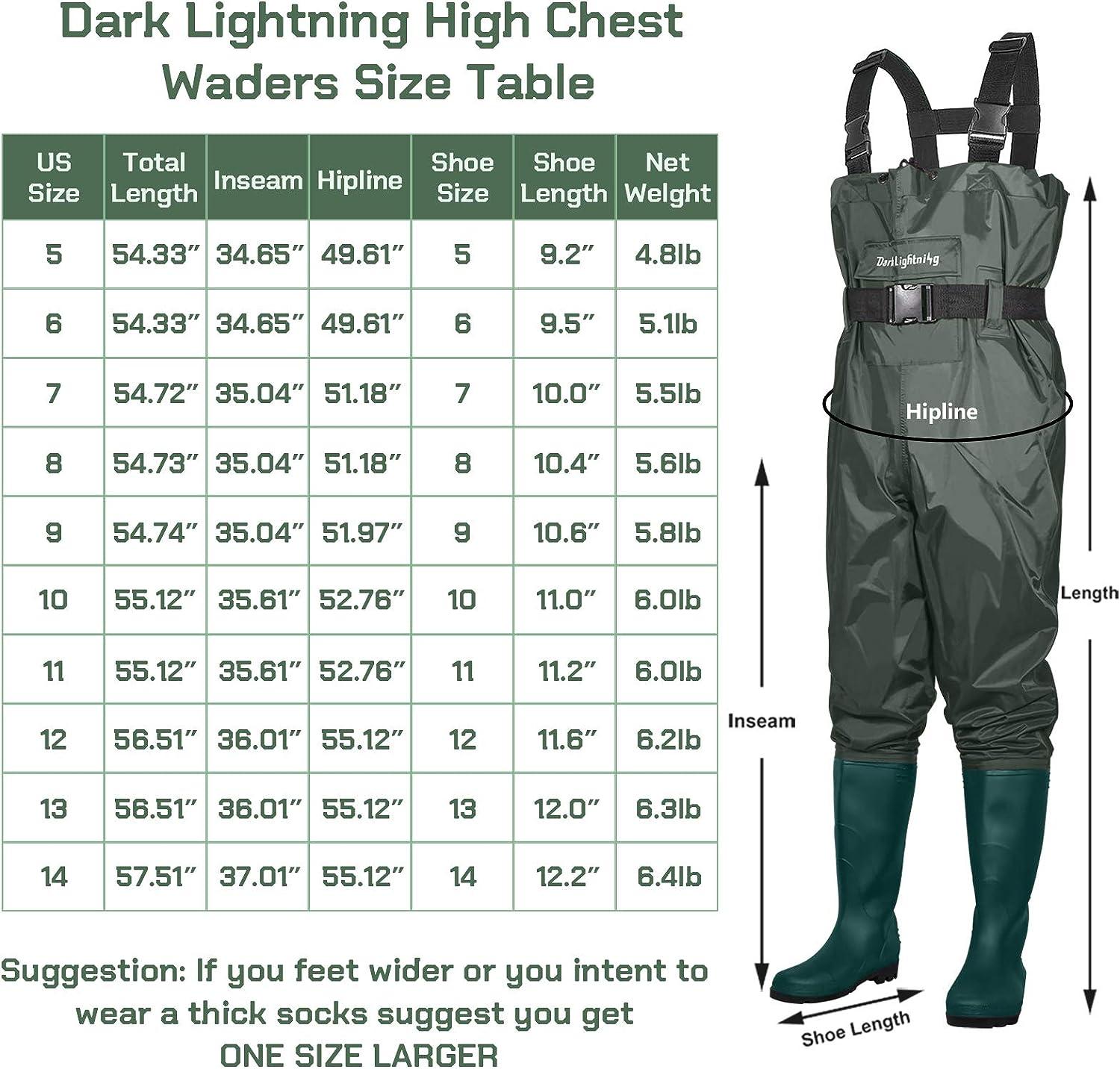 Dark Lightning Fly Fishing Waders for Men and Women with Boots, Mens/Womens  High Chest Wader with Boot Hanger Green 13 Women/11 Men