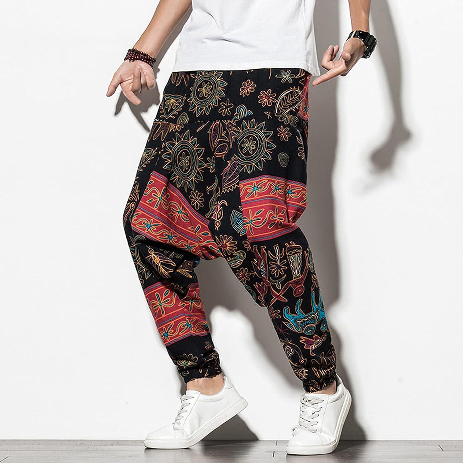 Mens Linen Drop Low Crotch Pants Tapered Loose Baggy Trousers Joggers  Casual Punk Hippie