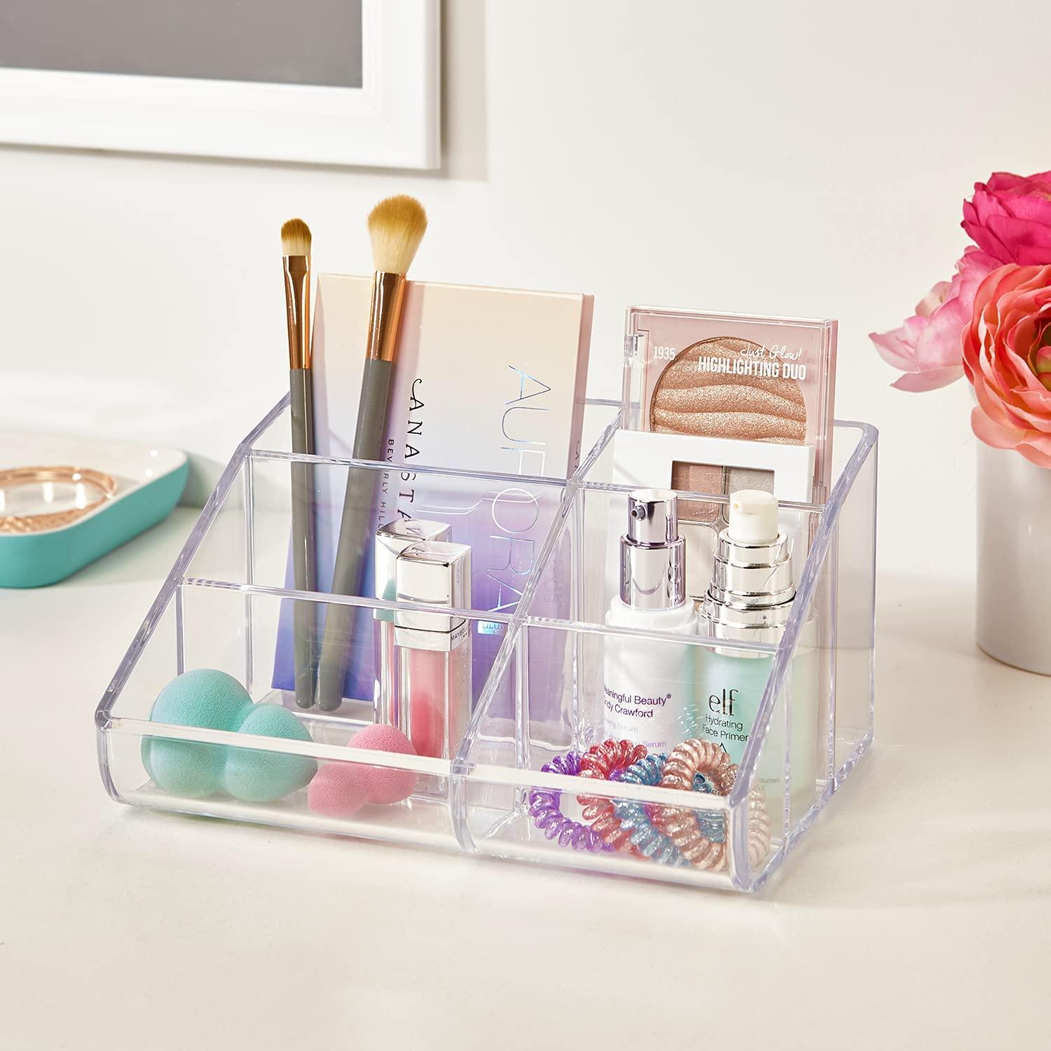 STORi Clear Plastic Vanity Makeup Organizer, 6-Compartment Holder for  Brushes, Eyeshadow Palettes, & Beauty Supplies, Curved Front Design