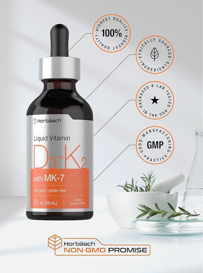 Vitamin D3 + K2 Liquid Drops with MK7 2 Fl Oz Vegetarian Non